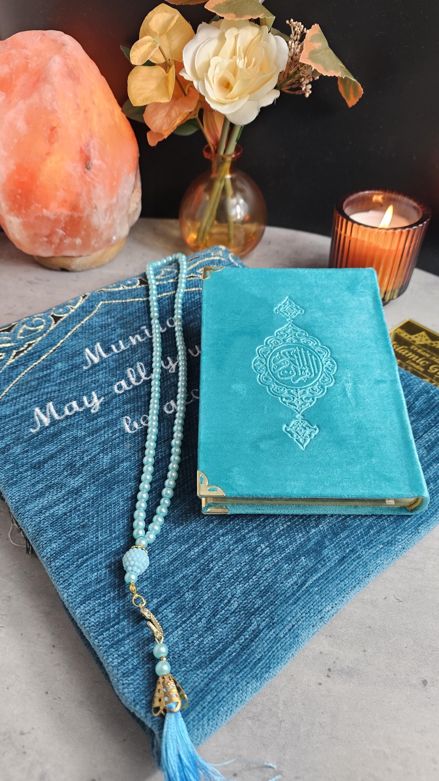 Personalized Velvet Prayer Mat Quran Tasbeeh Set: Islamic Gift