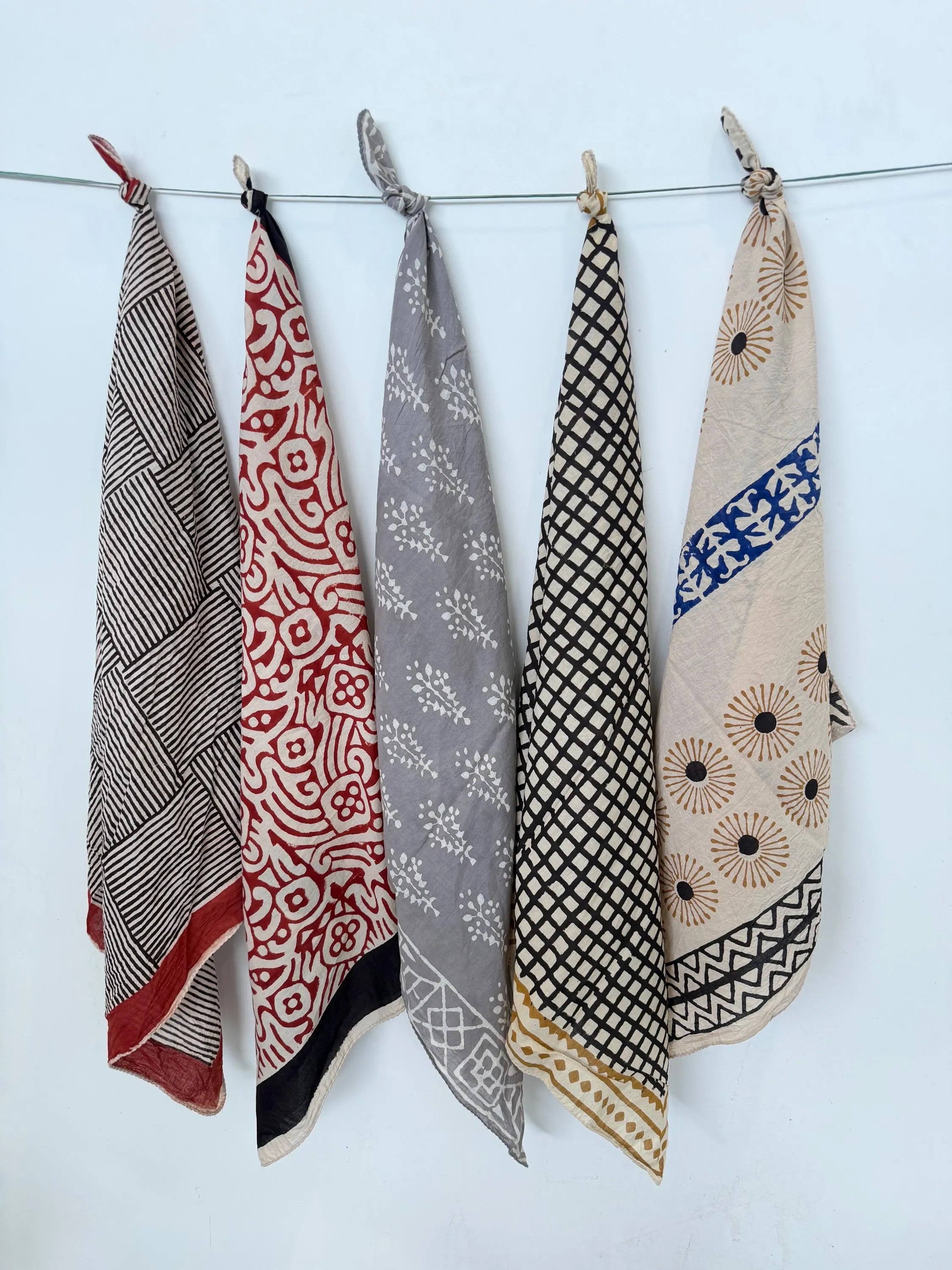 Set of 5 Hand Block Print Bandanas, Natural Dye Organic Cotton Scarves