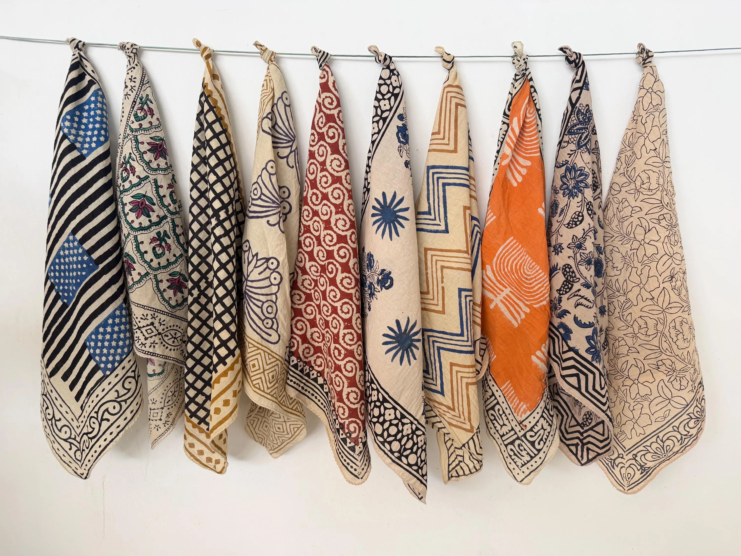 Set of 10 Hand Block Print Bandanas, Natural Dye Organic Cotton Neckkerchiefs
