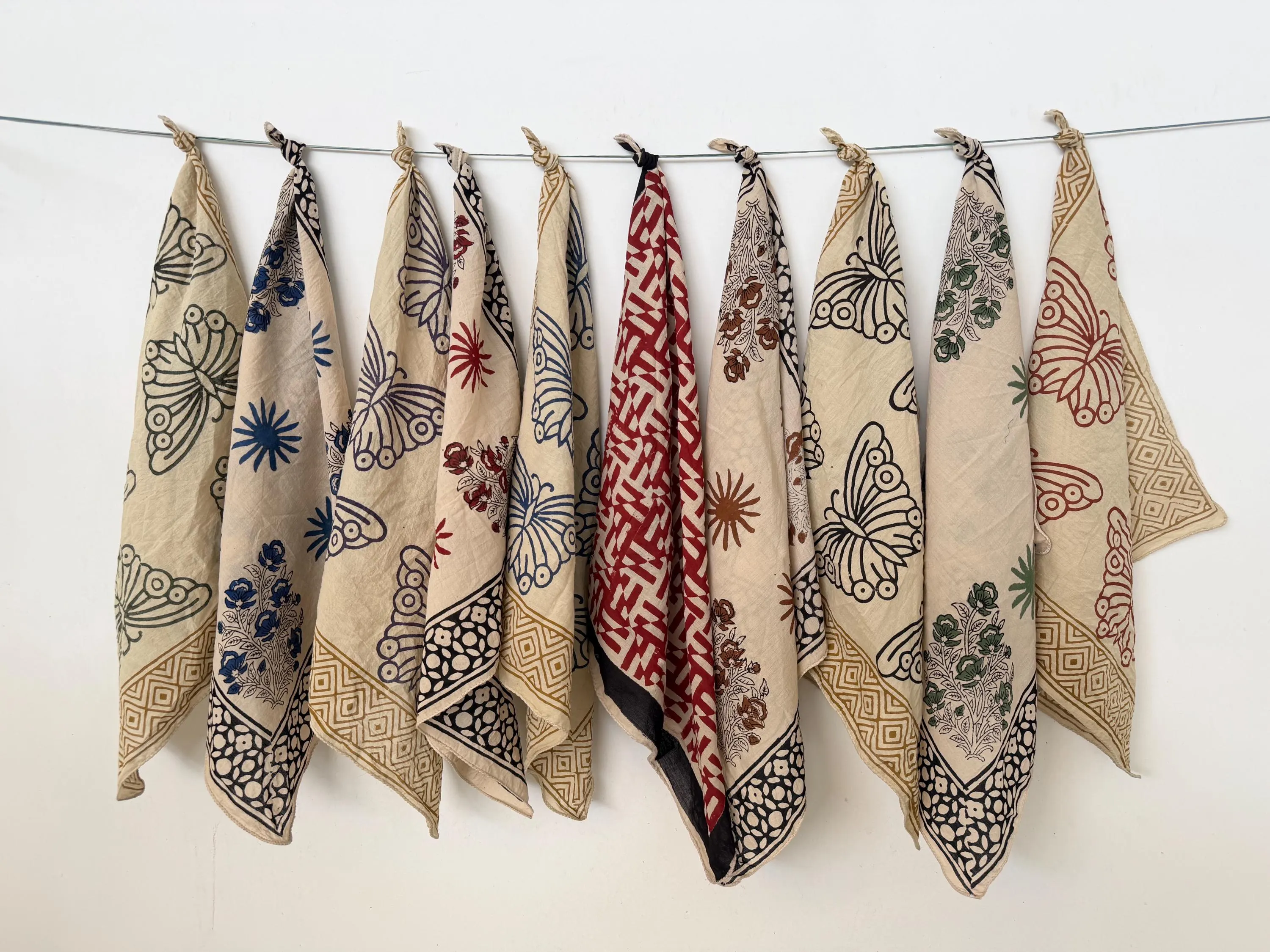Set of 10 Hand Block Print Cotton Bandanas, Natural Dyes, Boho Neck Scarf