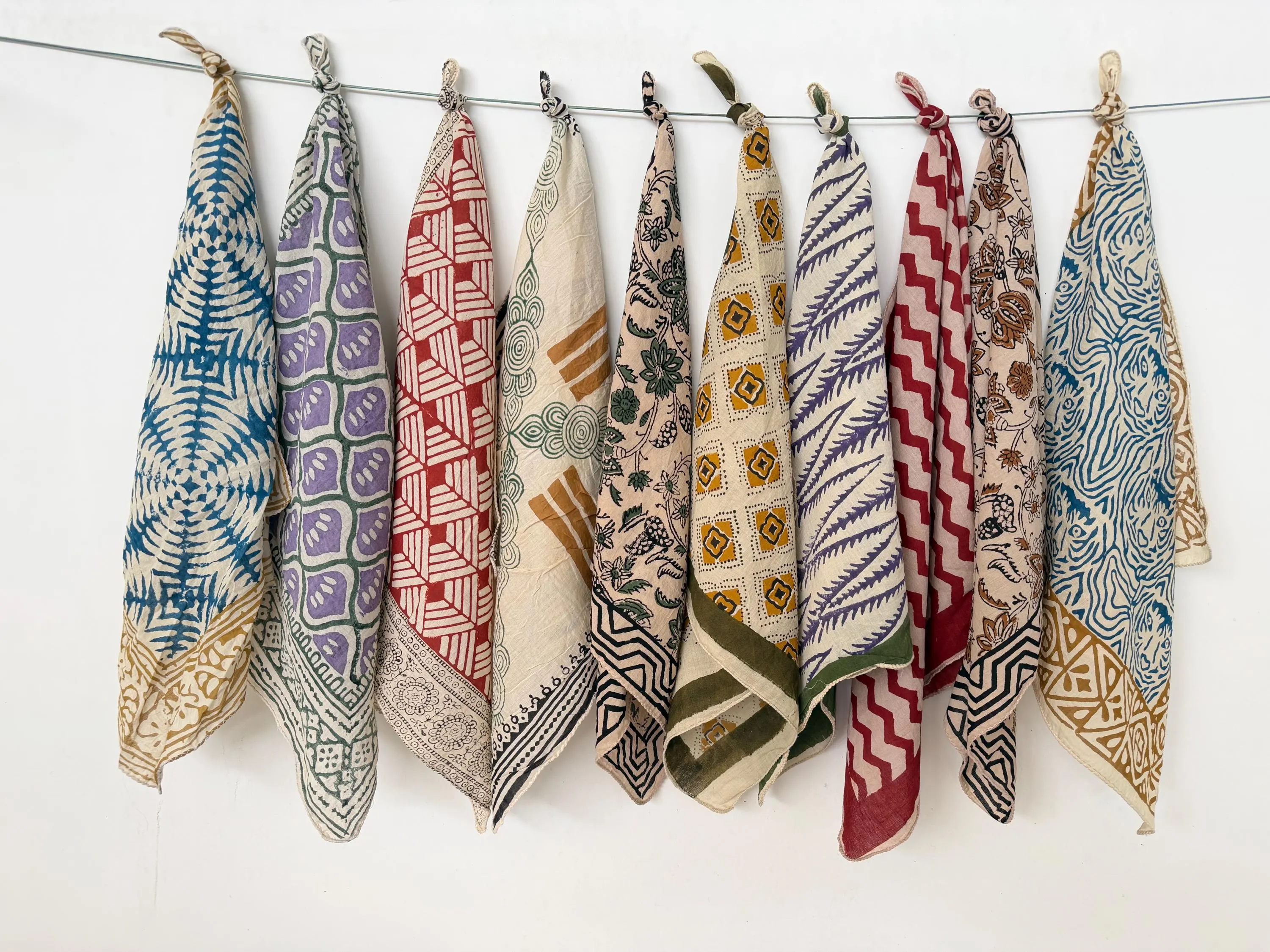 Set of 10 Hand Block Print Bandanas, Natural Dye Organic Cotton Neckkerchiefs