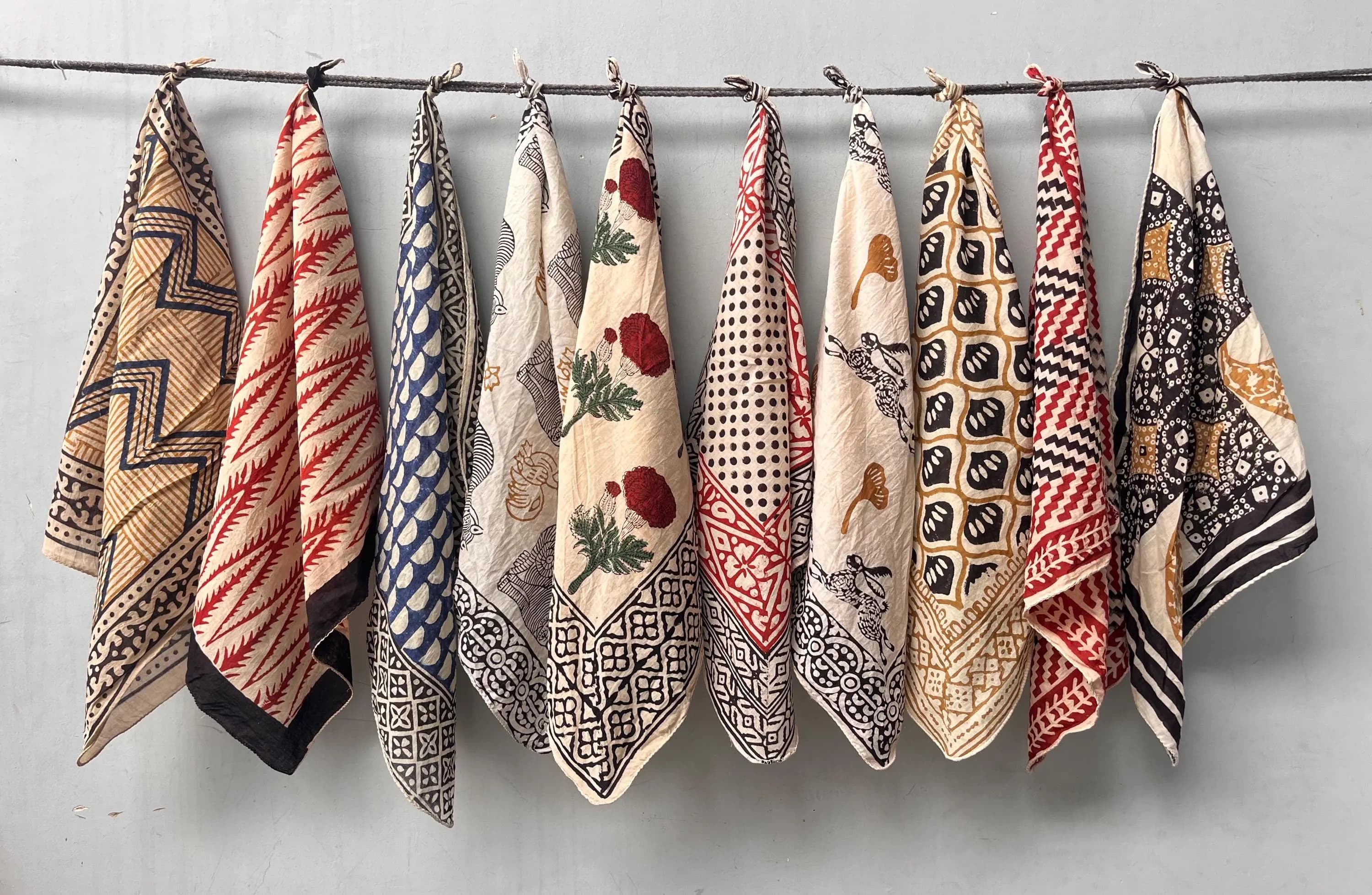 A set of 10 bandanas, Block Print Cotton Bandana Set: Geometric Neckerchief (21×21" Inch)
