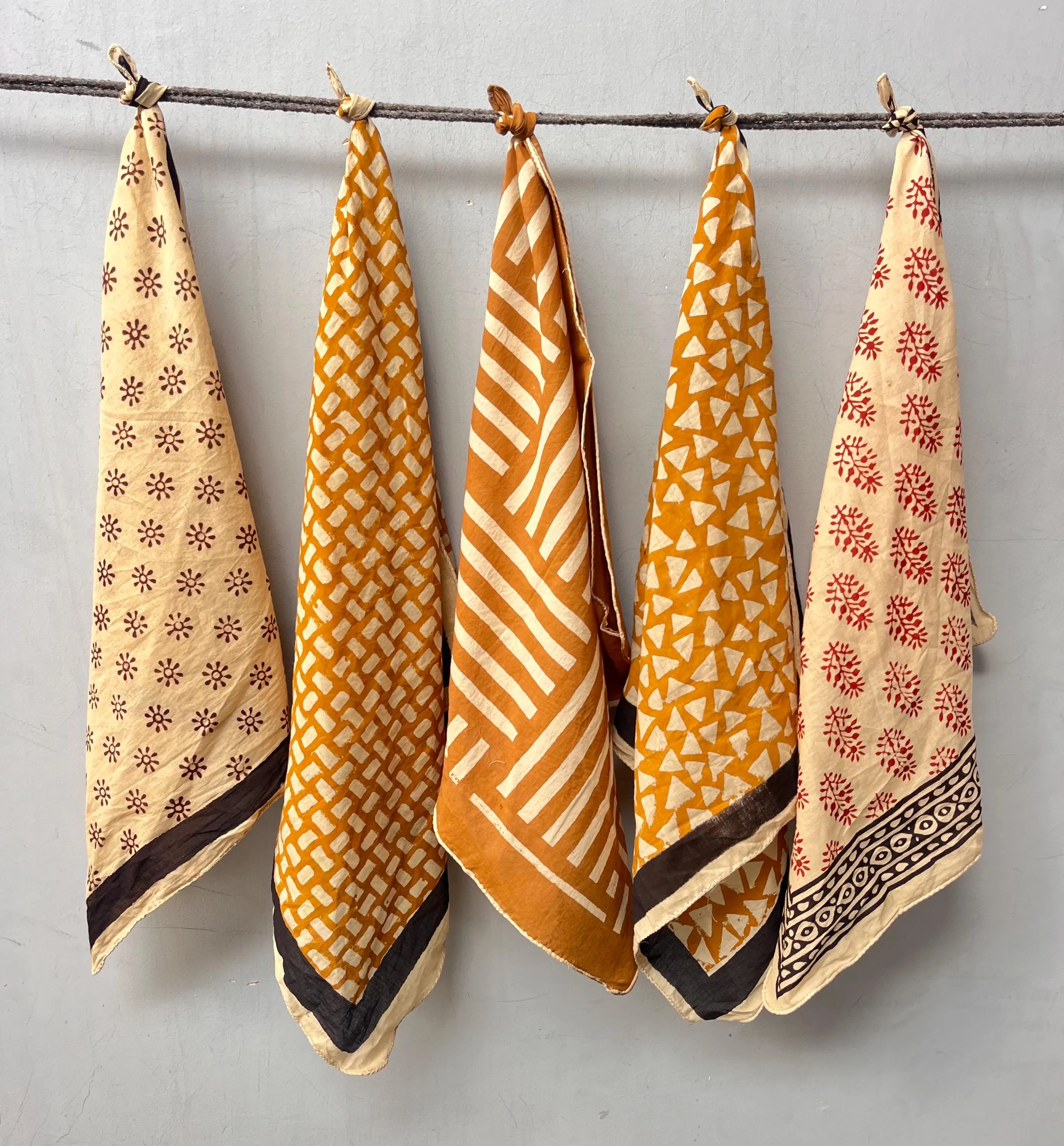 Set of 5 Hand-Printed Cotton Bandanas, Natural Dyes