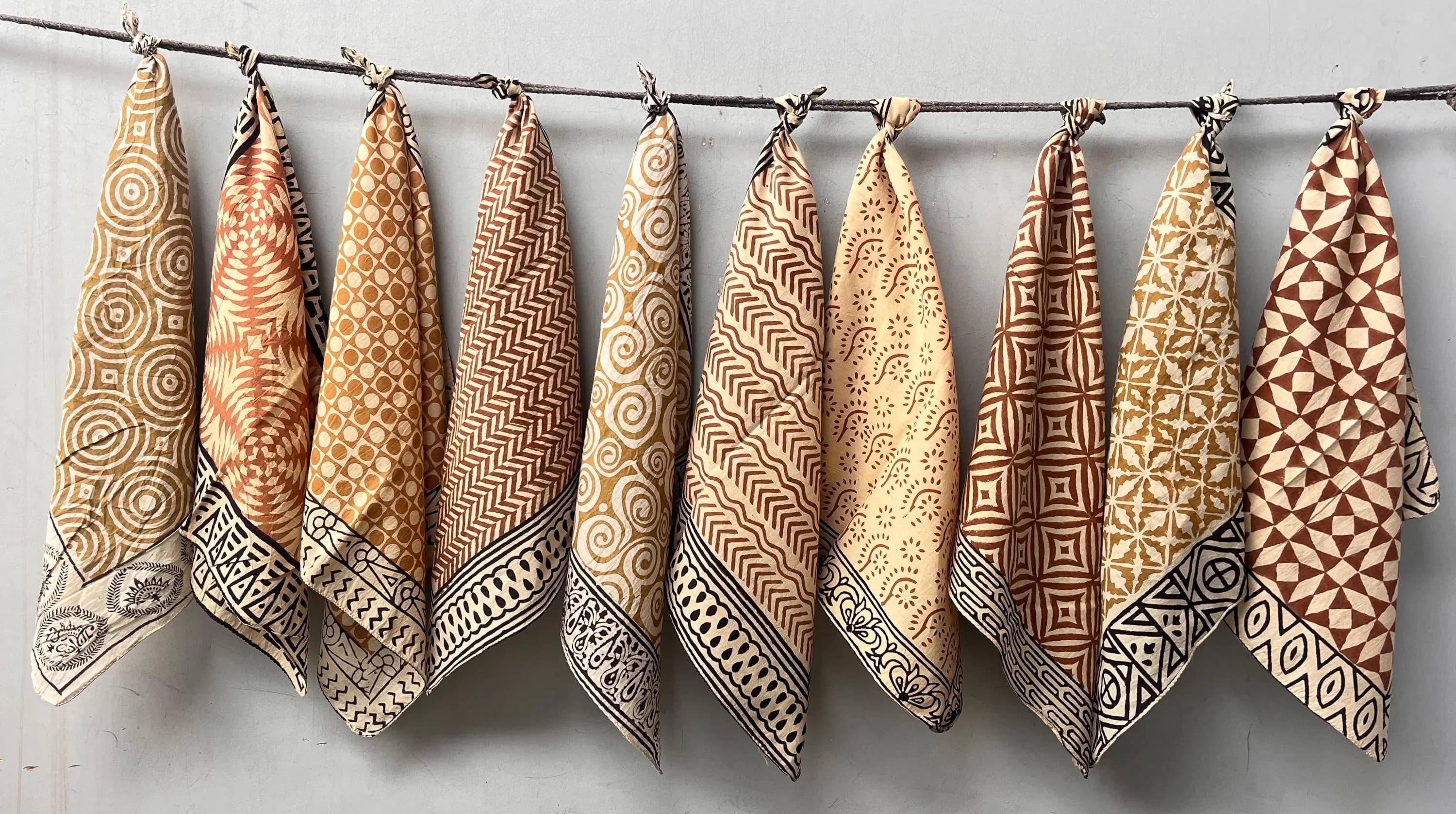Hand Block Print Bandana Set, Organic Cotton Neck Scarf, Natural Dye