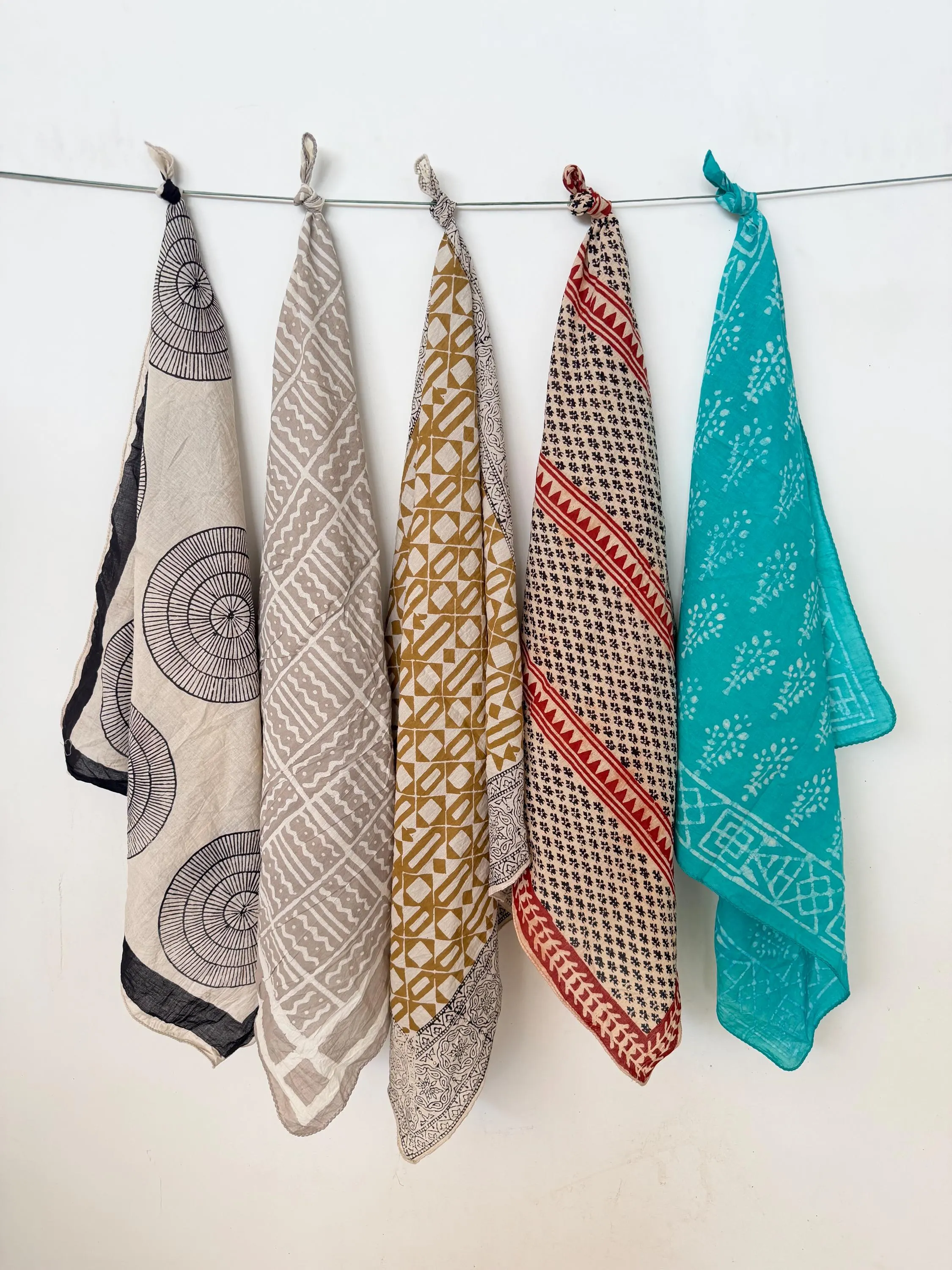 Set of 5 Hand Block Print Bandanas, Natural Dye Organic Cotton Scarves