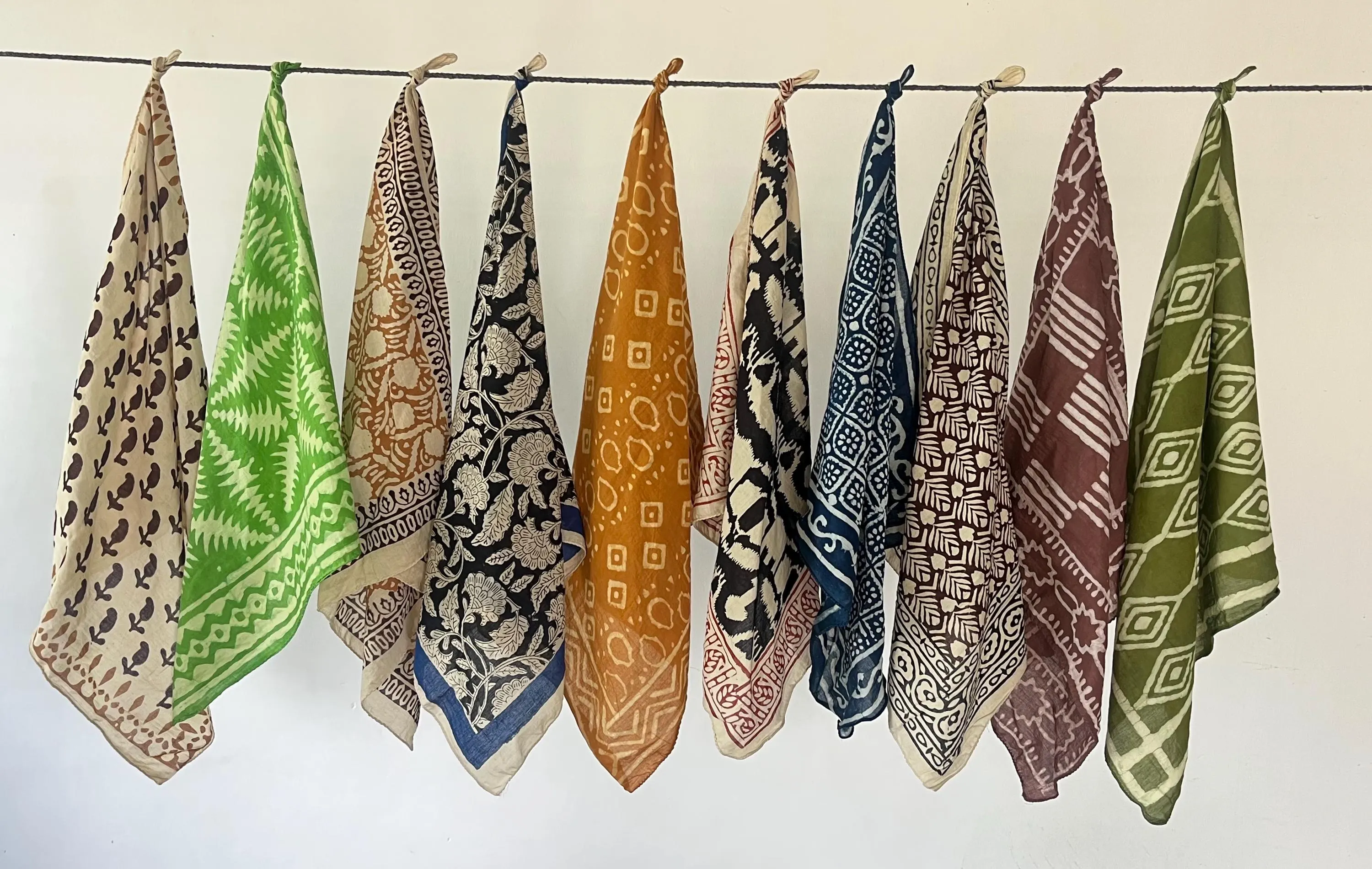 Set of 10 Hand-Printed Bandanas, Natural Dye Cotton Necktie