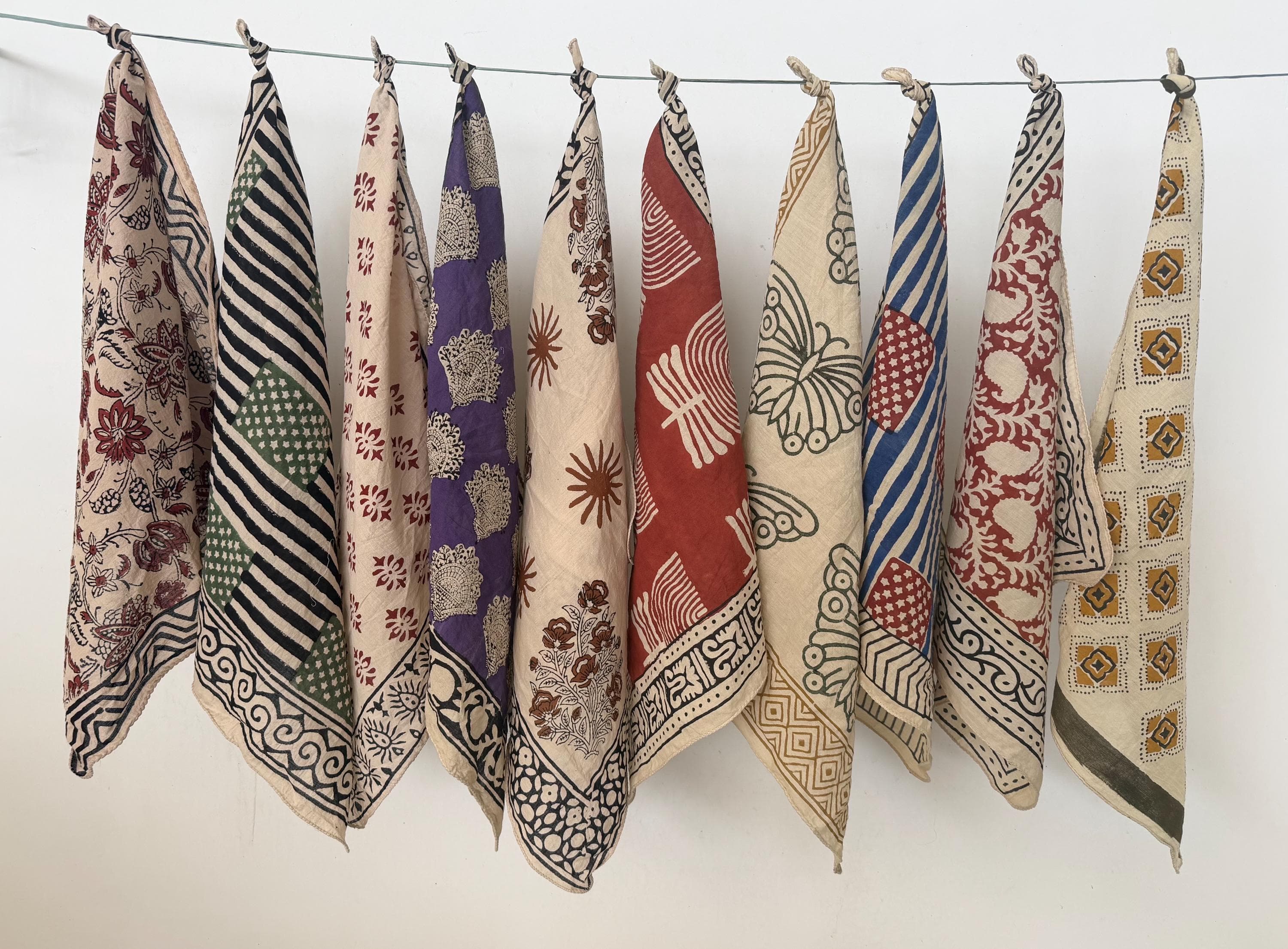 Set of 10 Hand Block Print Bandanas, Natural Dye Organic Cotton Neckkerchiefs