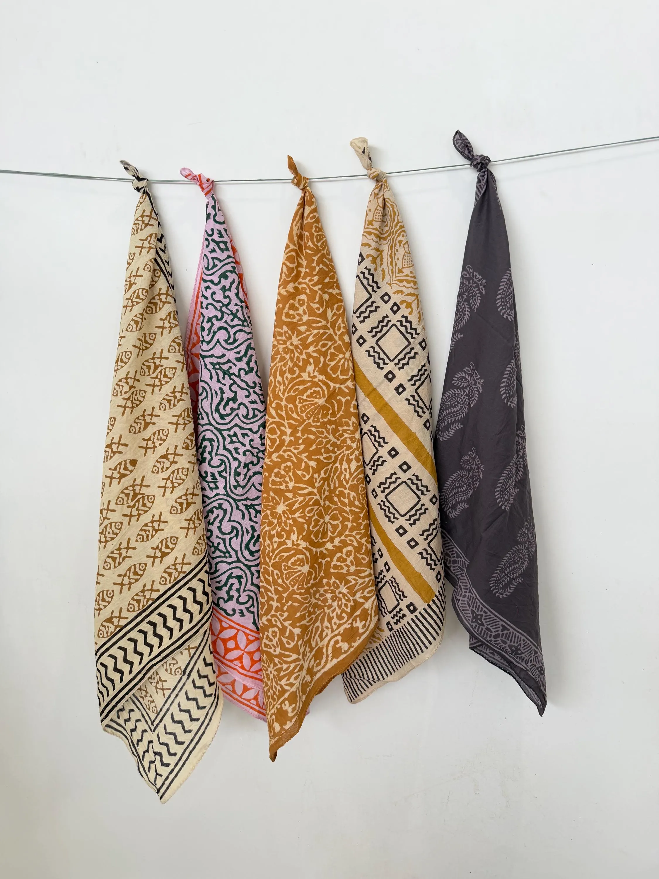 Set of 5 Hand Block Print Bandanas, Natural Dye Organic Cotton Scarves
