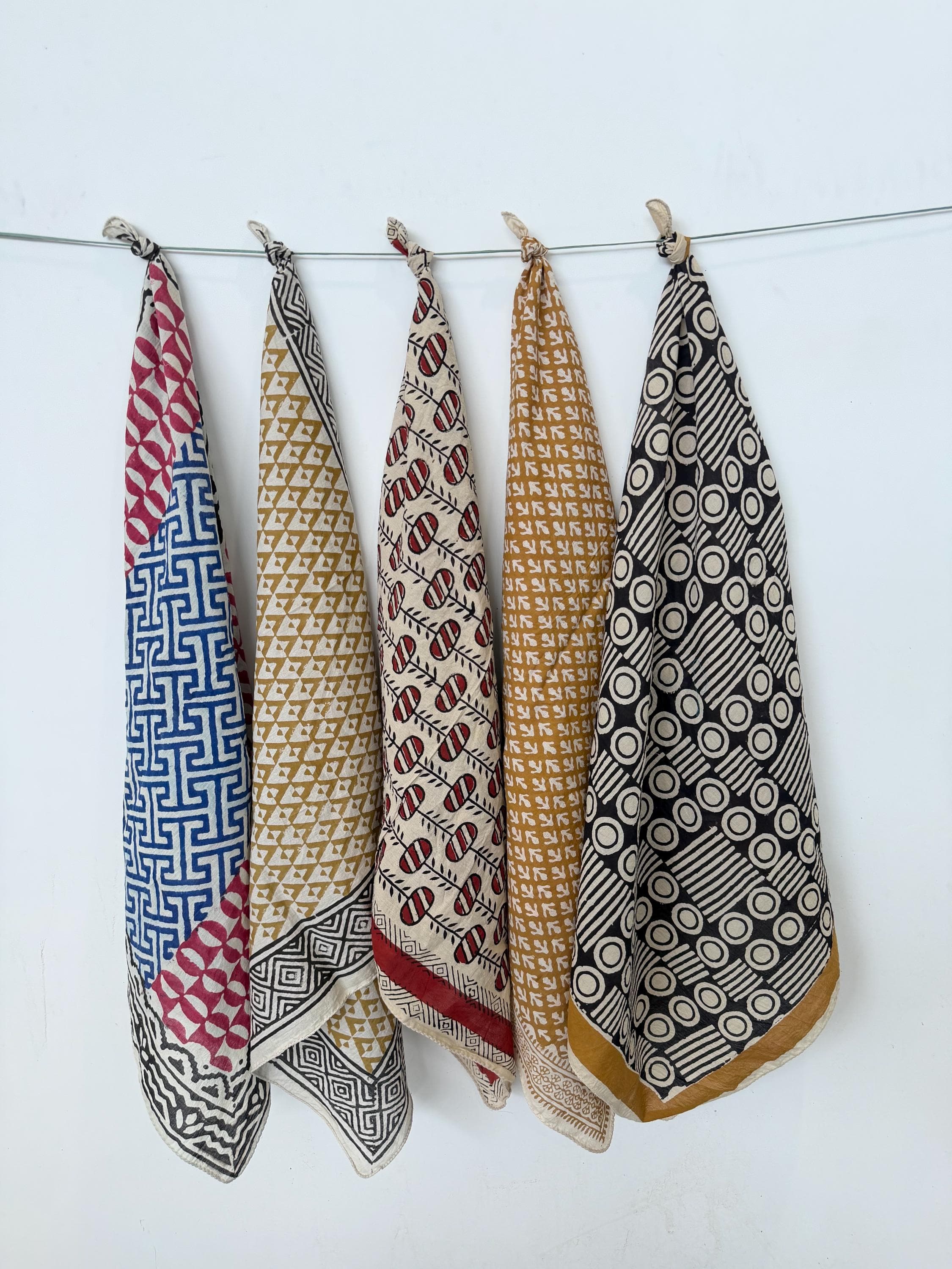 Set of 5 Hand Block Print Bandanas, Natural Dye Organic Cotton Scarves