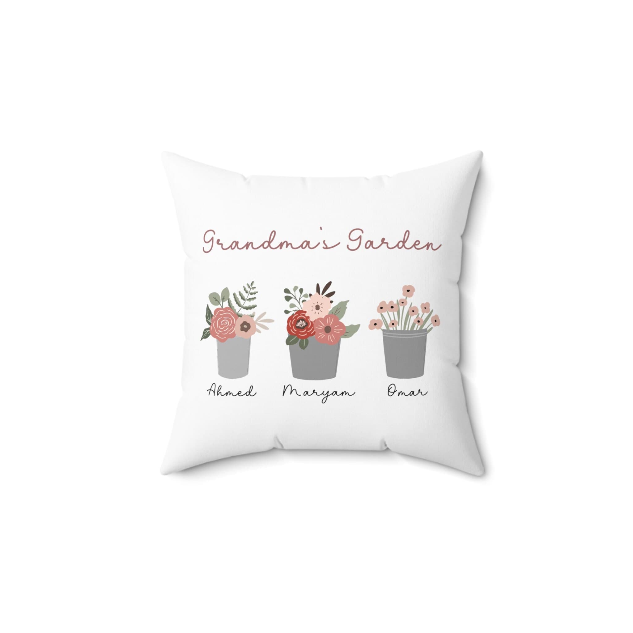 custom text pillow in white of grandchildrens names.