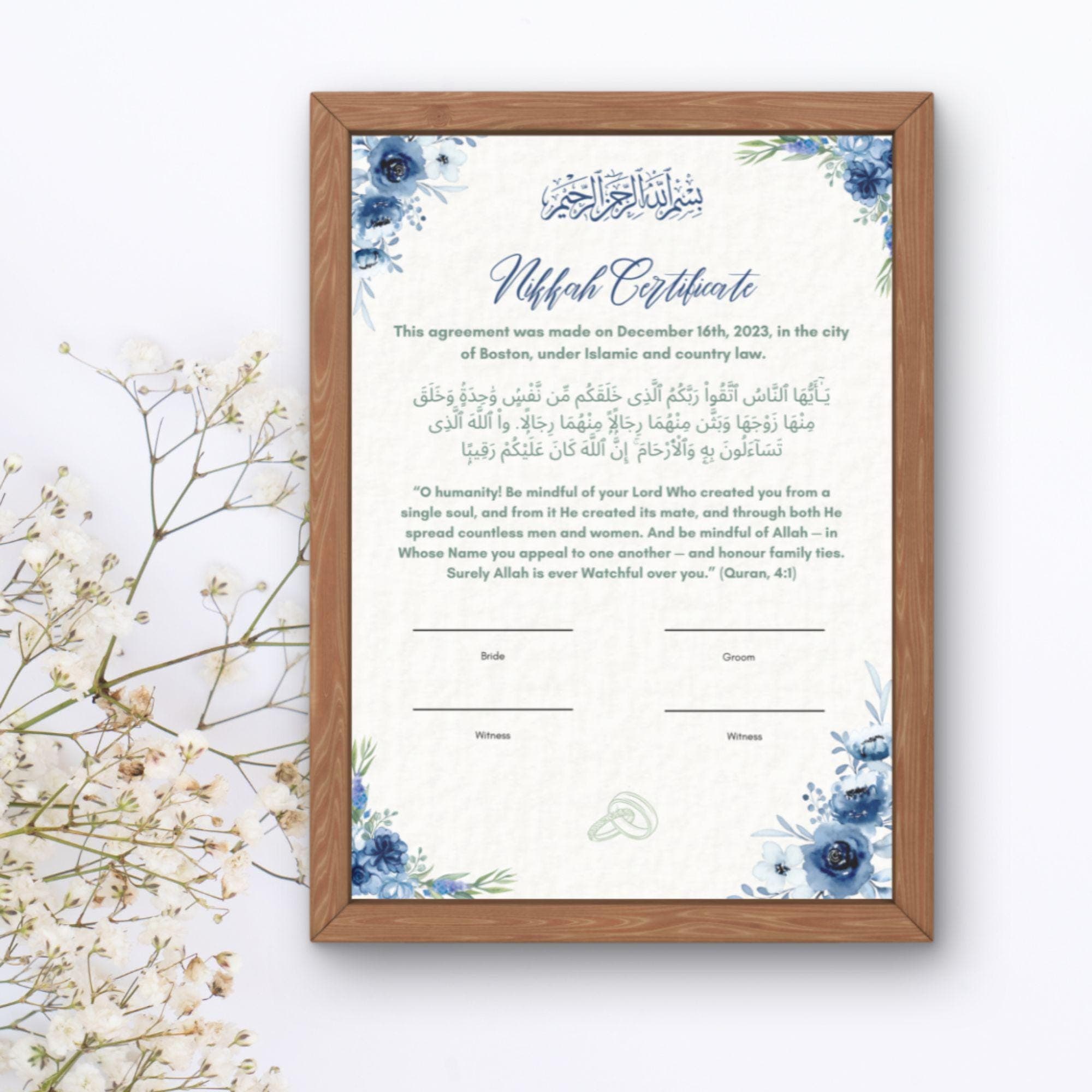 Elegant Muslim Nikkah Certificate: Blue Floral Islamic Wedding (Digital Download) - image 5