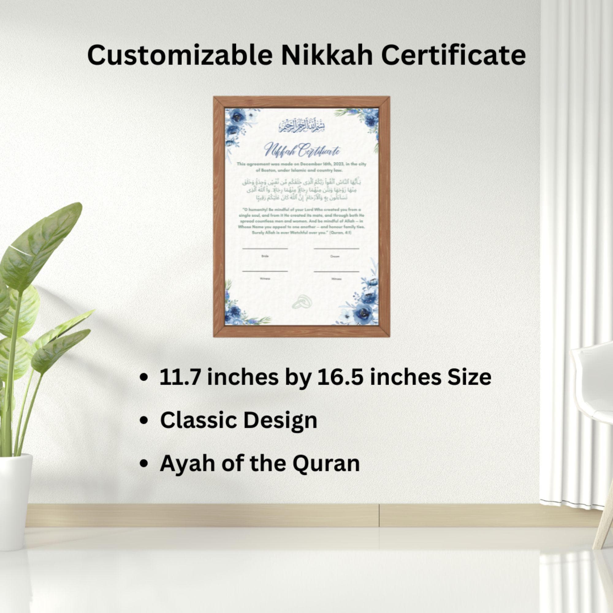 Elegant Muslim Nikkah Certificate: Blue Floral Islamic Wedding (Digital Download) - image 3