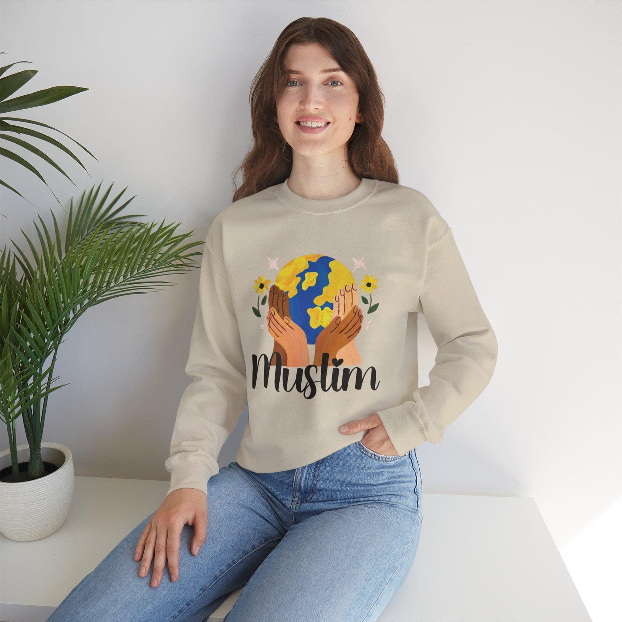Muslim Mom Earth Unity Crewneck Sweatshirt, Ramadan Eid Gift, Hijabi Shirt, Unisex Jumper, Muslima Mother Present, Multiple Colors
