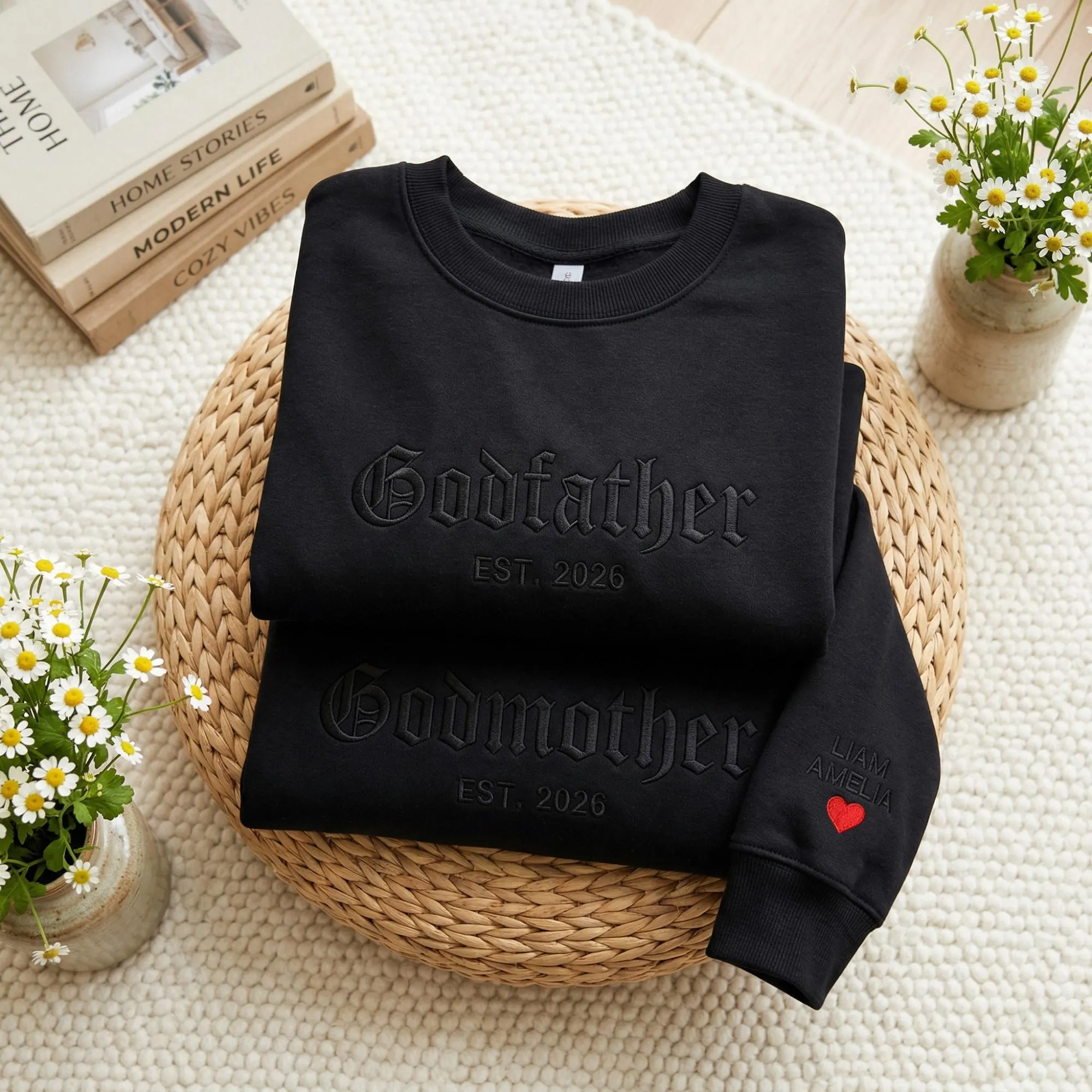 Custom Embroidered Godfather Godmother Sweatshirt, Sleeve Name Detail