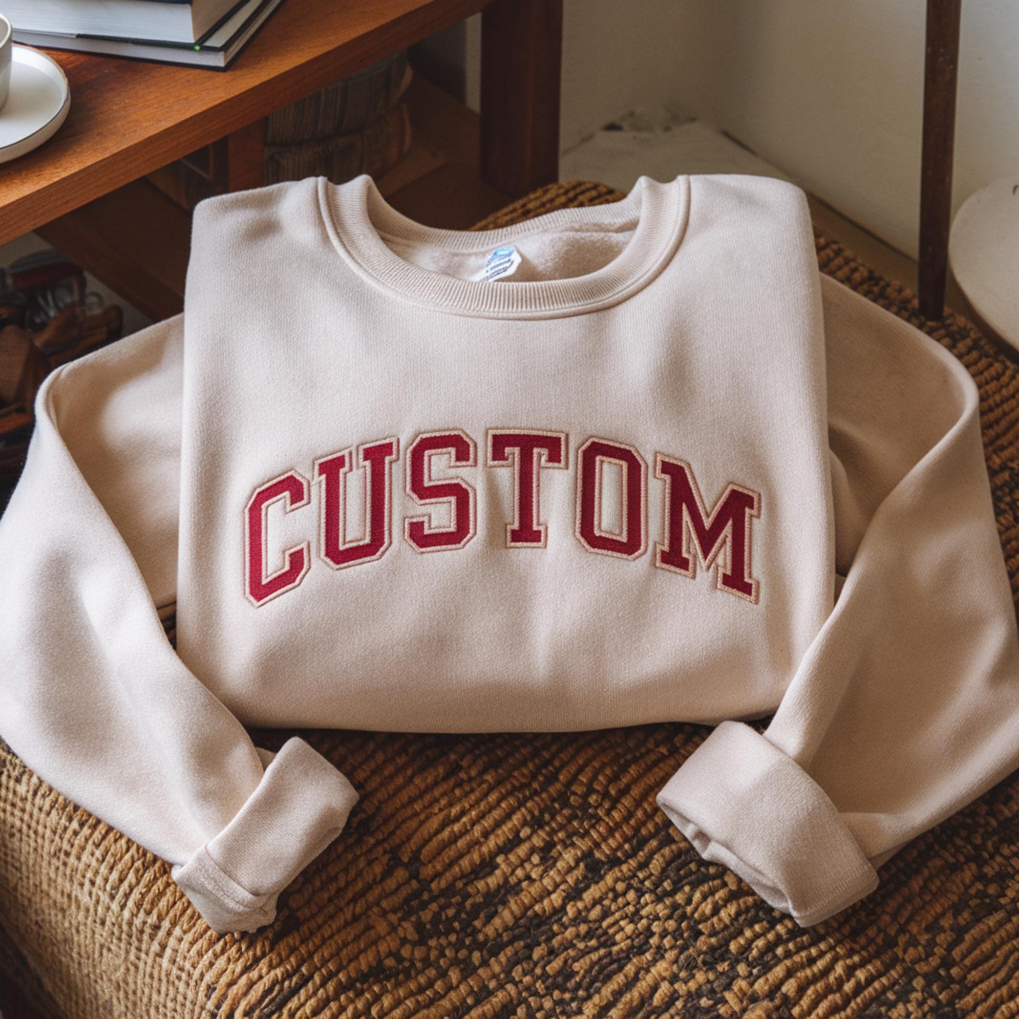Custom Text Embroidered Sweatshirt, Personalized Varsity Crewneck
