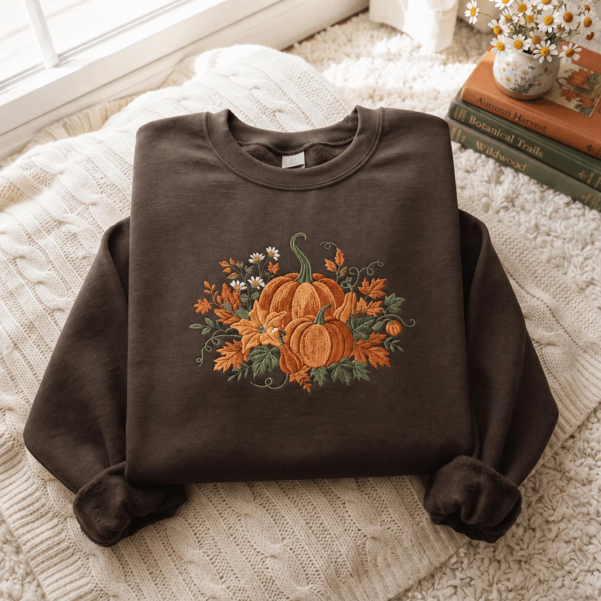Pumpkin Floral Fall Embroidered Sweatshirt: Soft Unisex shirt, Plus shirt