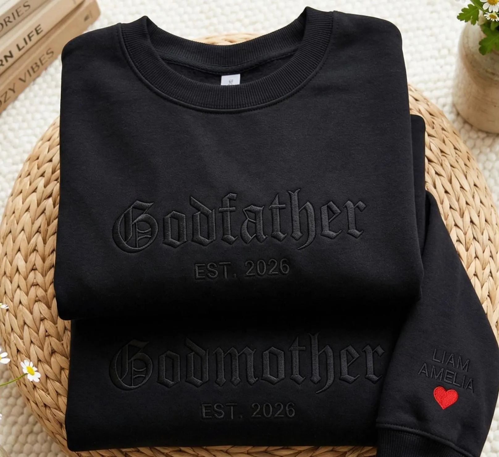 Custom Embroidered Godfather Godmother Sweatshirt, Sleeve Name Detail - image 3