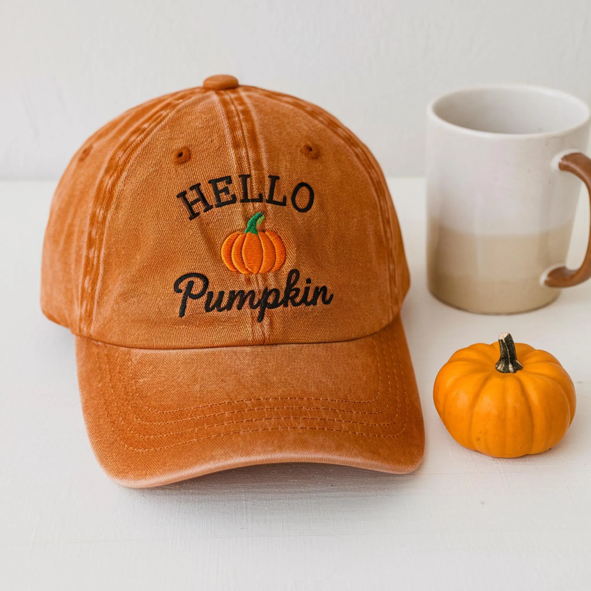 Embroidered Hello Pumpkin Hat, Autumn Baseball Cap