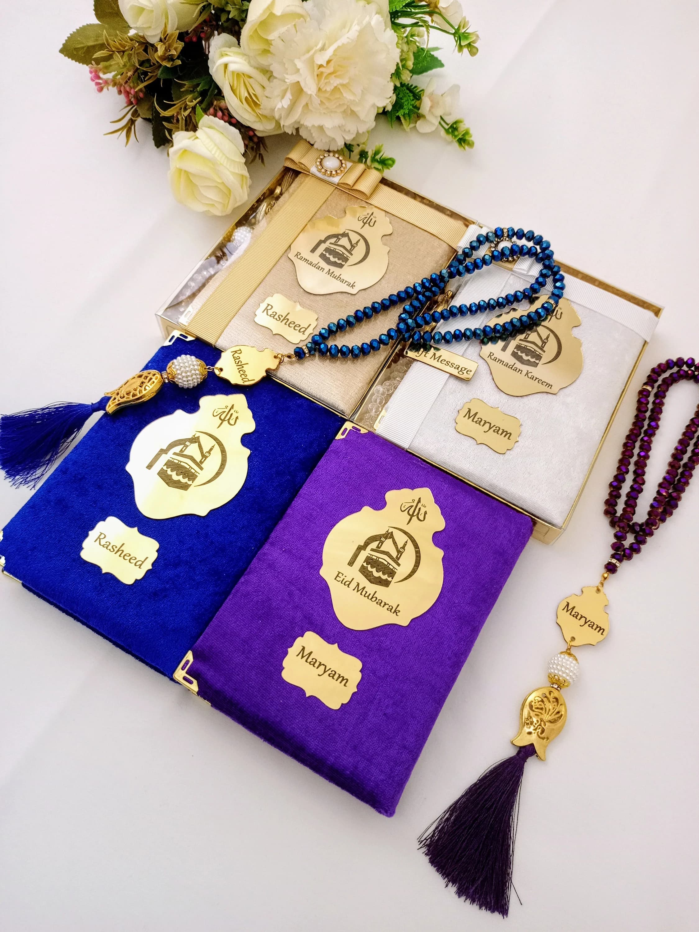 Personalized Prayer Velvet Quran Crystal Prayer Beads Islamic Gift Set | Eid Gift | Wedding Favors | Birthday Gift | Ramadan Mubarak