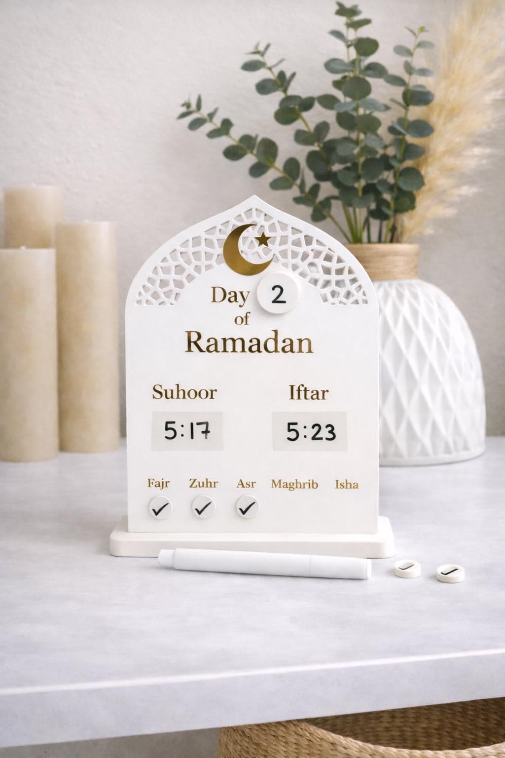 Ramadan Day and Prayer Tracker | Ramadan Decor | Reusable Islamic Home Décor with Magnetic Prayer Markers