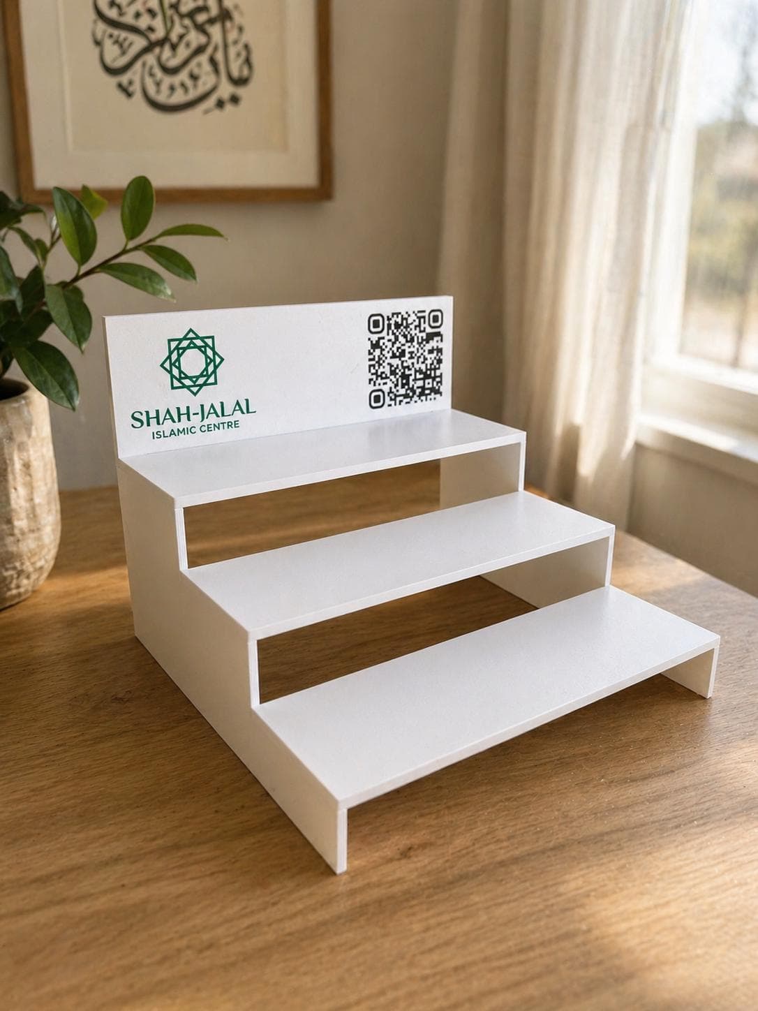 Custom 3D Printed Tiered Display Stand with Steps | Counter Display | QR Code & Logo Custom Stand | Retail or Event Display