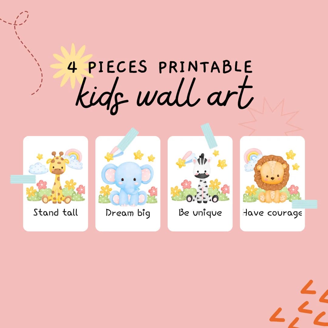 Animal Baby Nursery Wall Art Set - Stand Tall, Dream Big, Be Unique, Have Courage