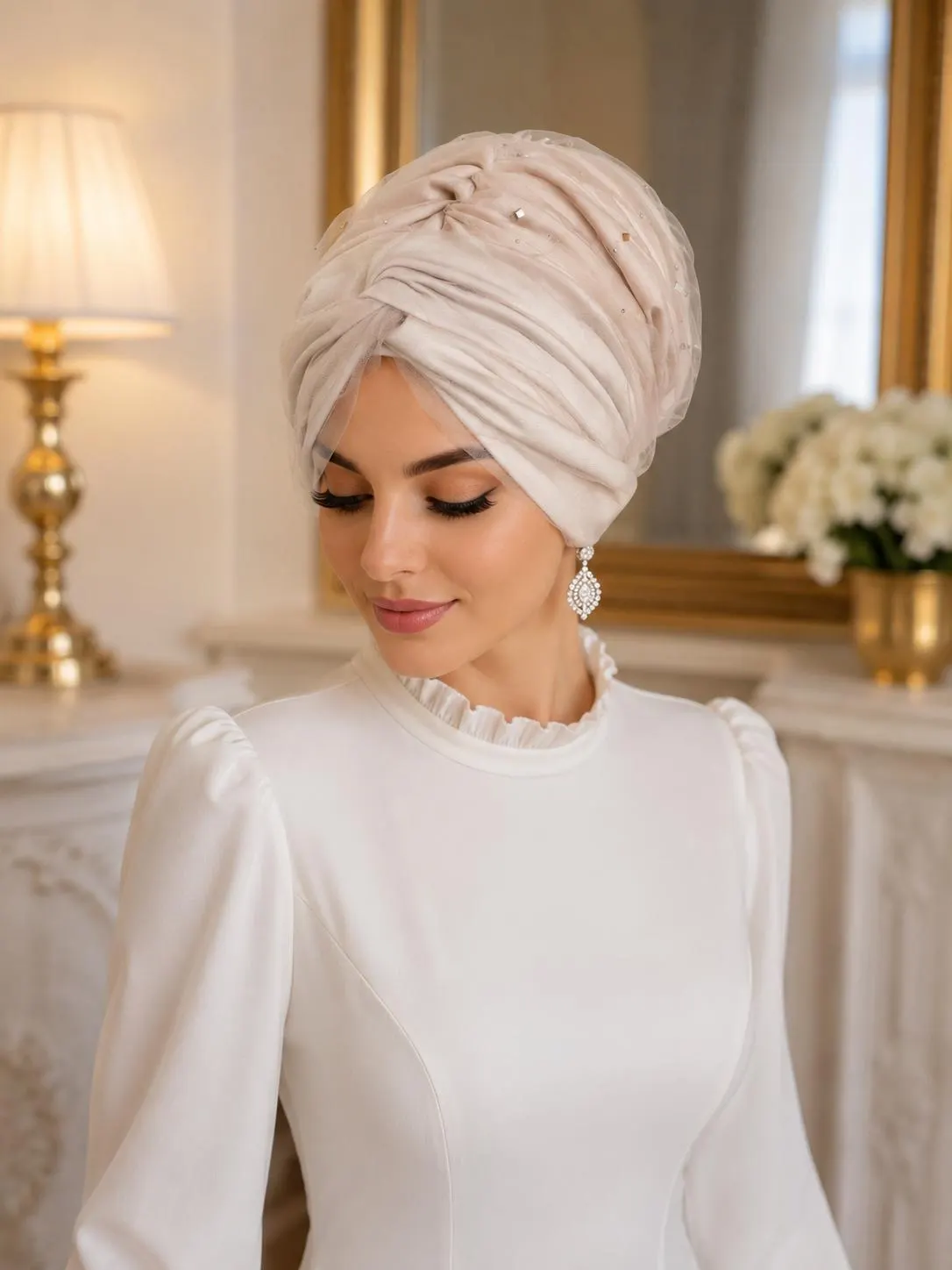 Crystal Embellished Tulle Turban, Elegant Wedding Head Wrap, Voluminous Ready to Wear Turban, Non-Slip Headscarf for Women