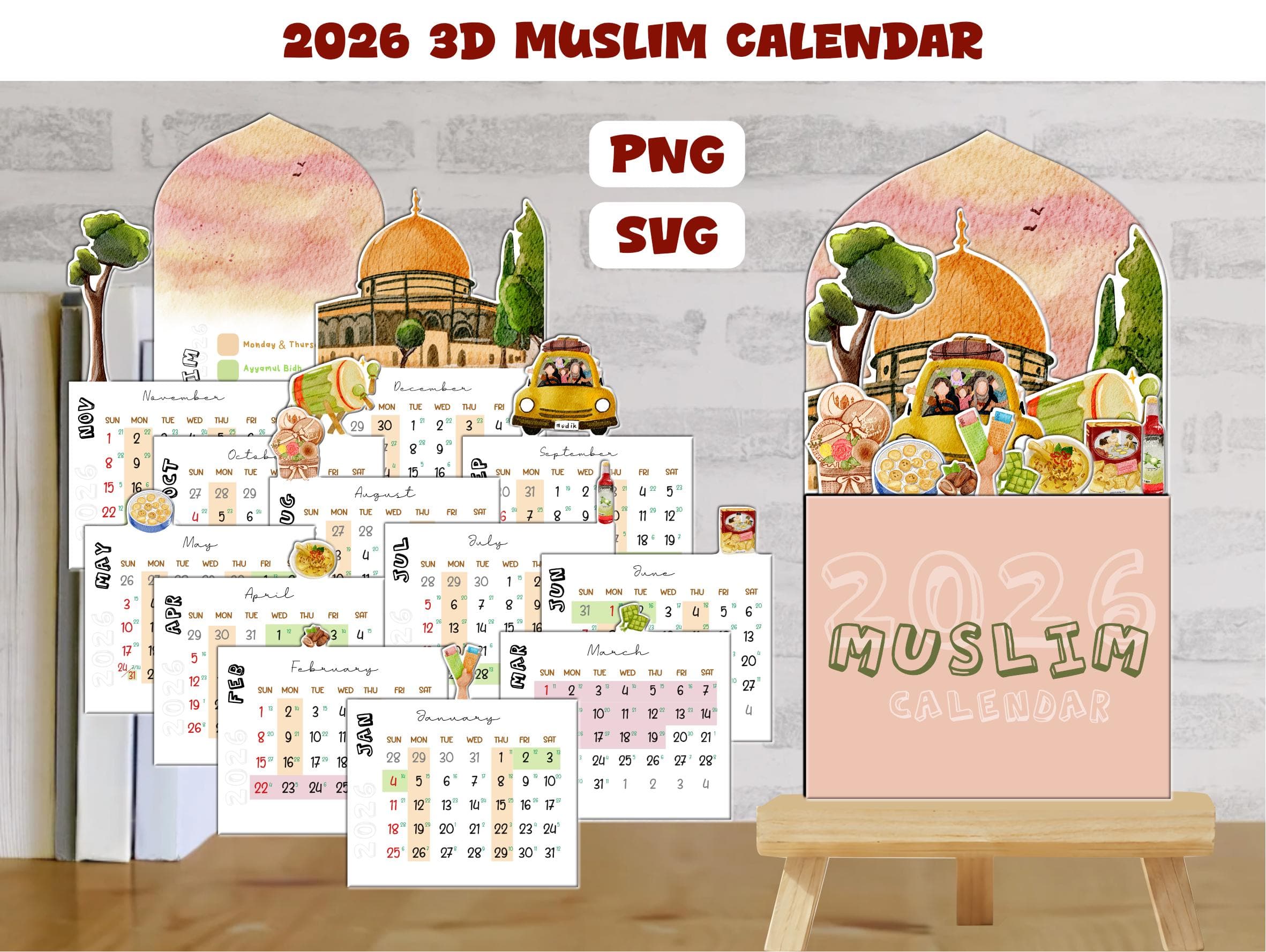 2026 3D Muslim Calendar | Hijri Mini Desk Calendar | Islamic Printable (PNG SVG)