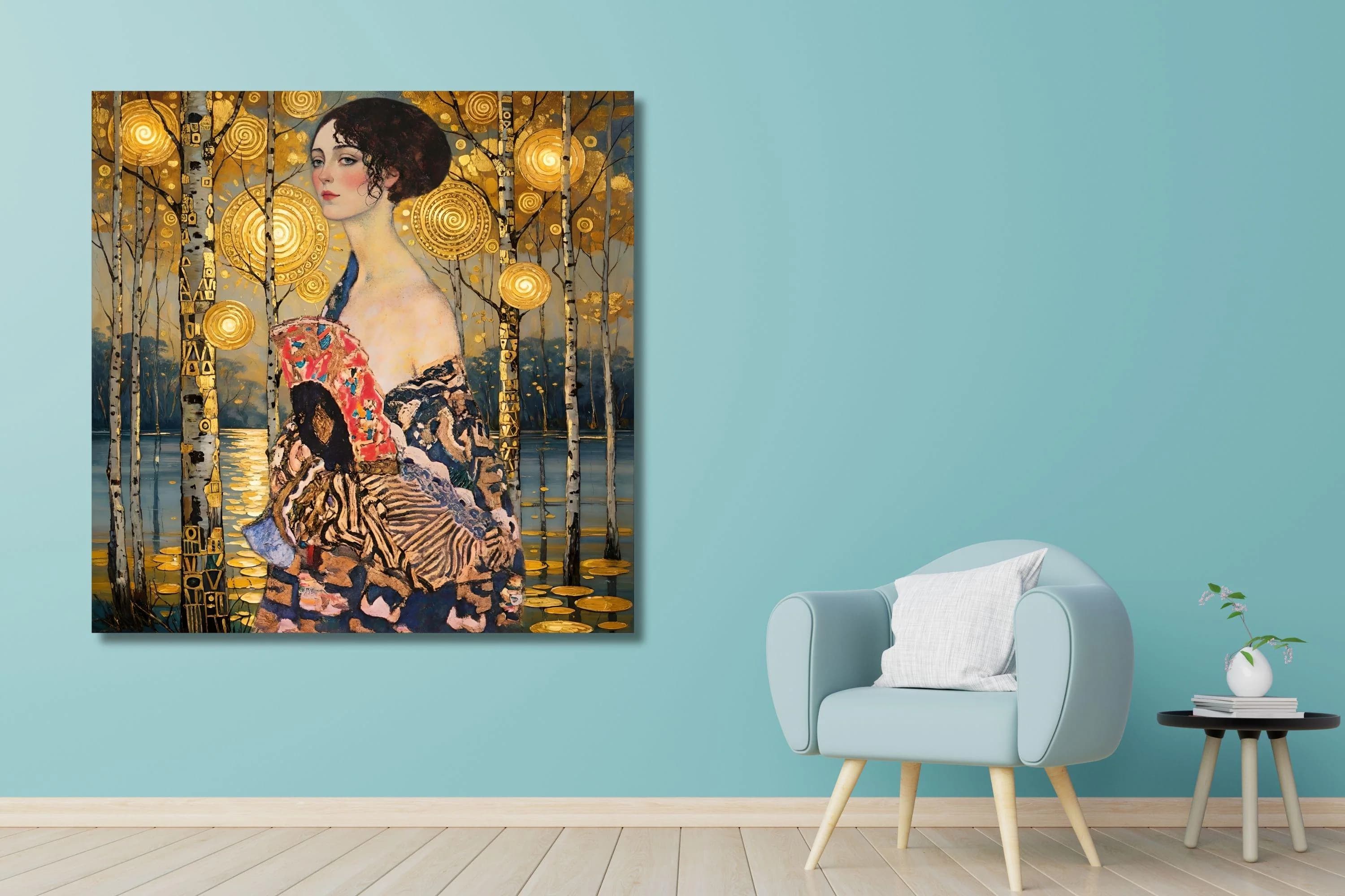 Klimt Inspired Woman Canvas Print – Golden Portrait Wall Art – Art Nouveau Elegant Female Painting – Luxury Home Decor