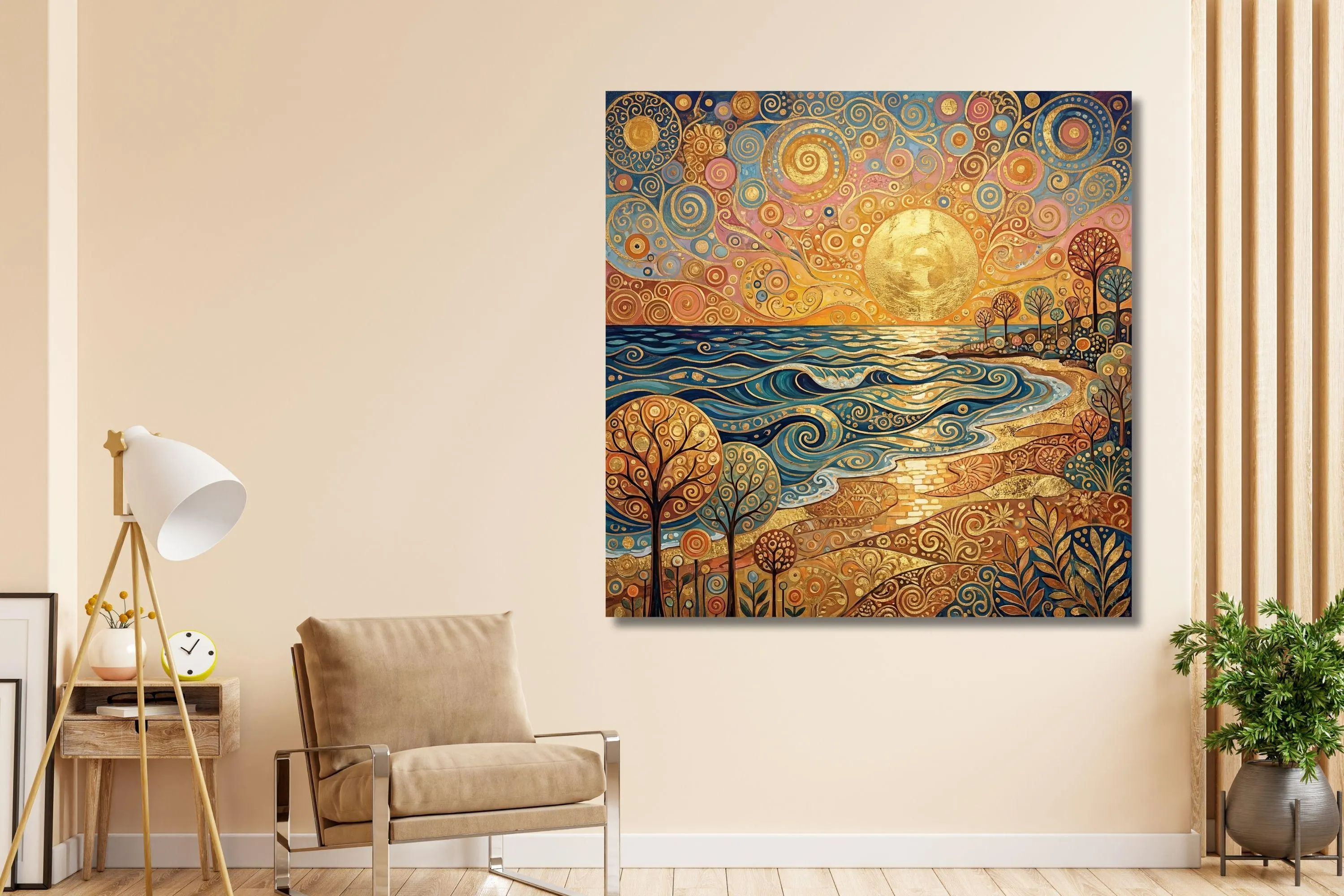 Klimt Inspired Ocean Sunset Canvas Print – Golden Coastal Landscape Wall Art - image 3