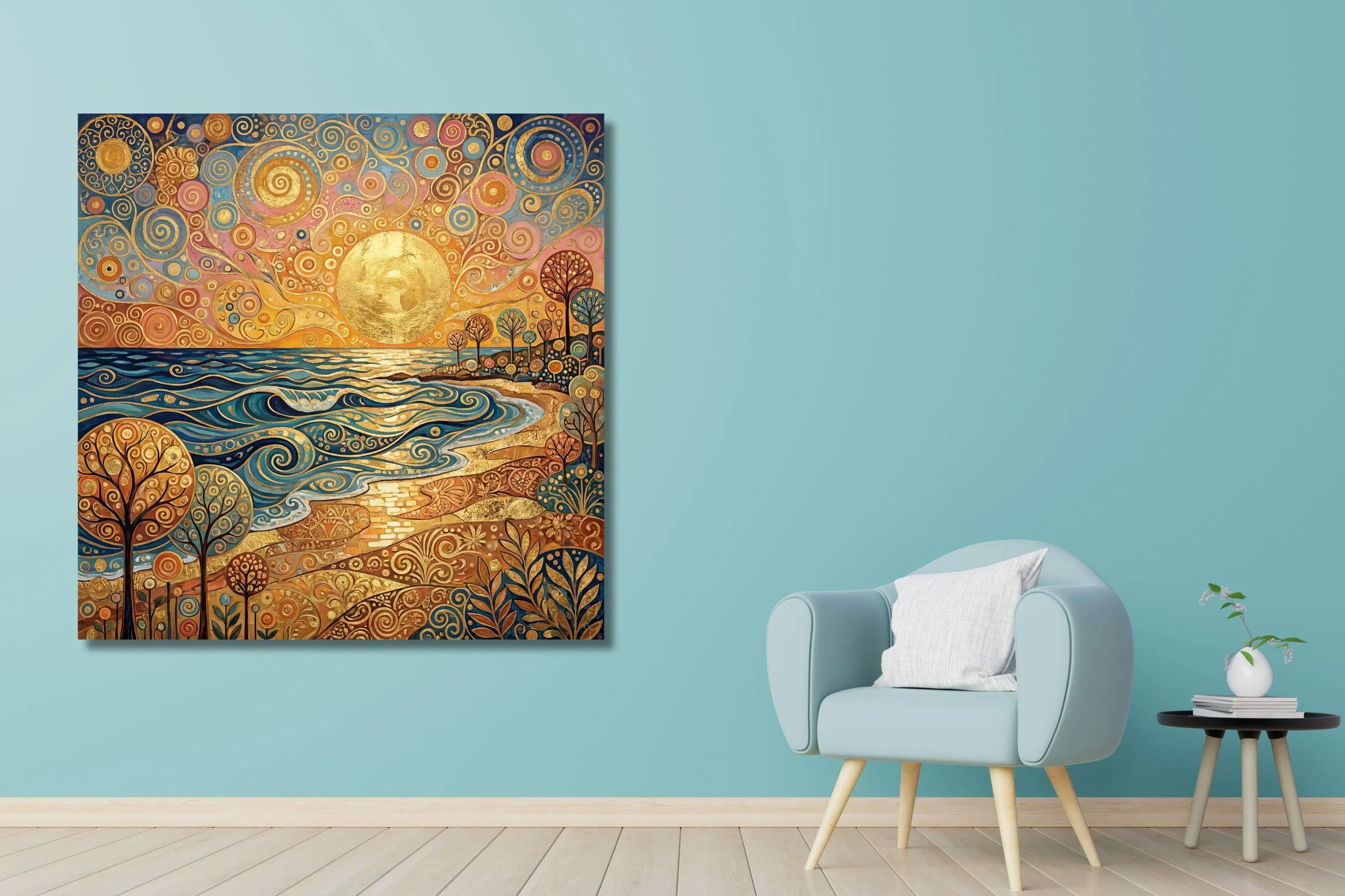 Klimt Inspired Ocean Sunset Canvas Print – Golden Coastal Landscape Wall Art