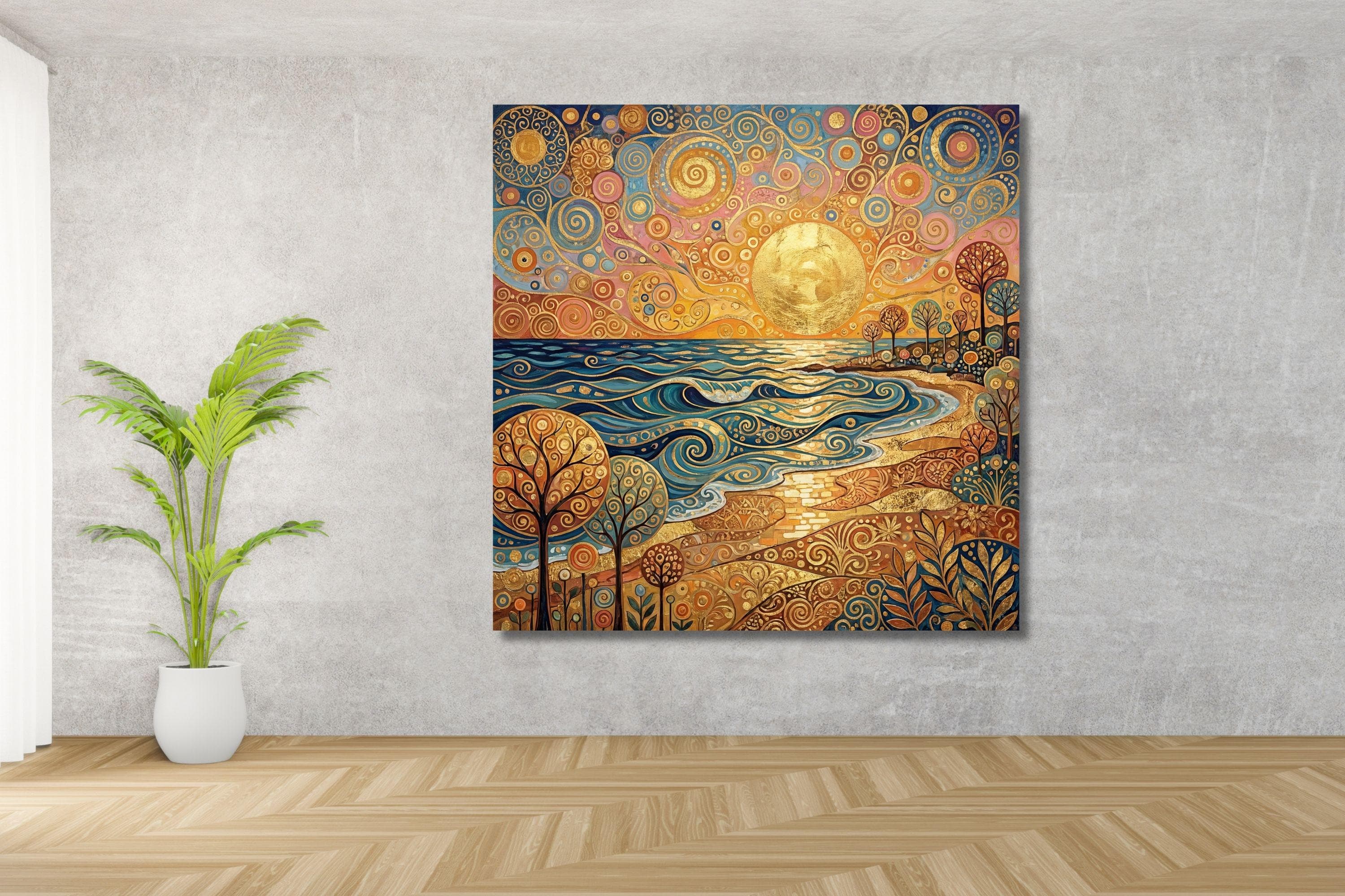 Klimt Inspired Ocean Sunset Canvas Print – Golden Coastal Landscape Wall Art - image 4