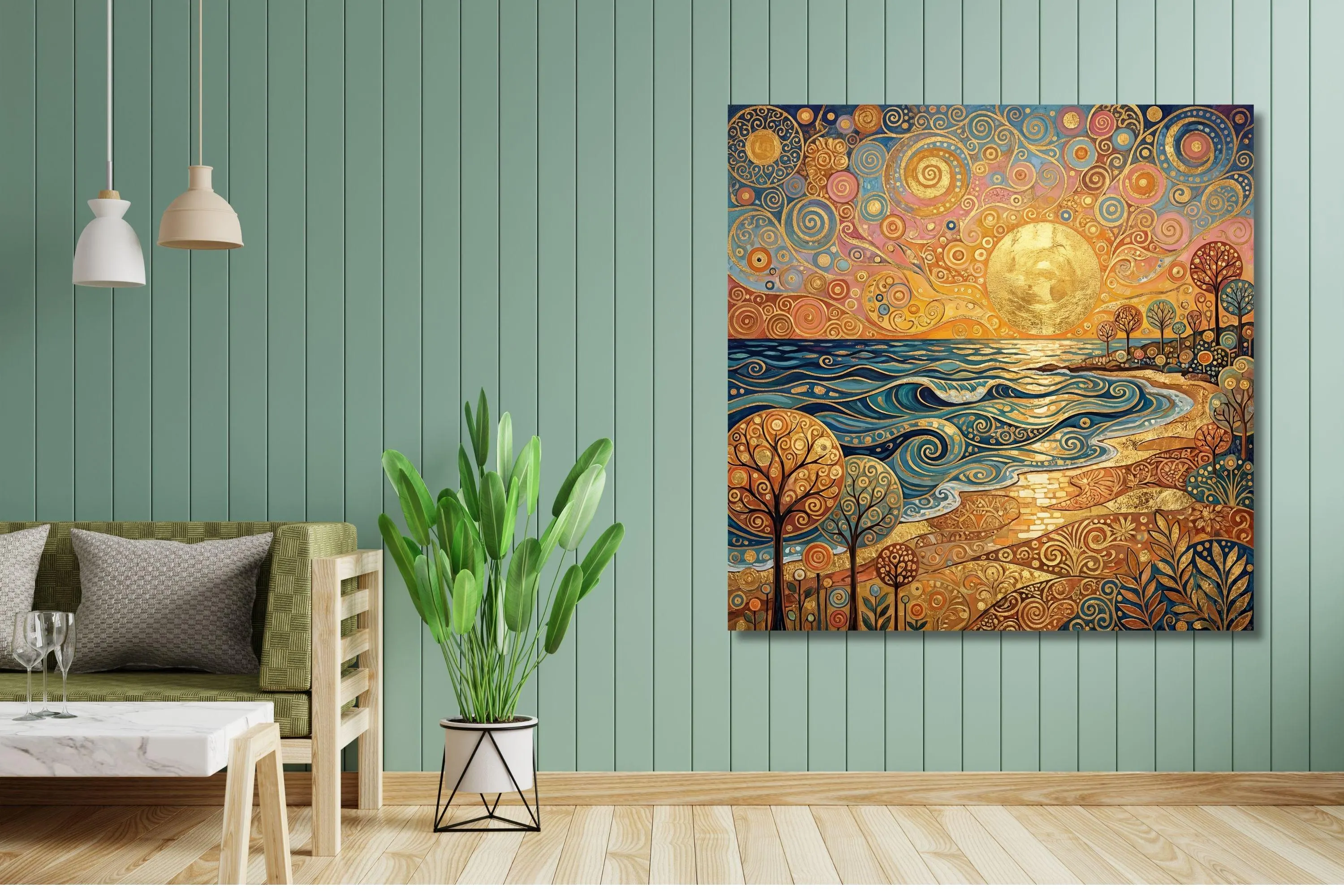 Klimt Inspired Ocean Sunset Canvas Print – Golden Coastal Landscape Wall Art - image 5