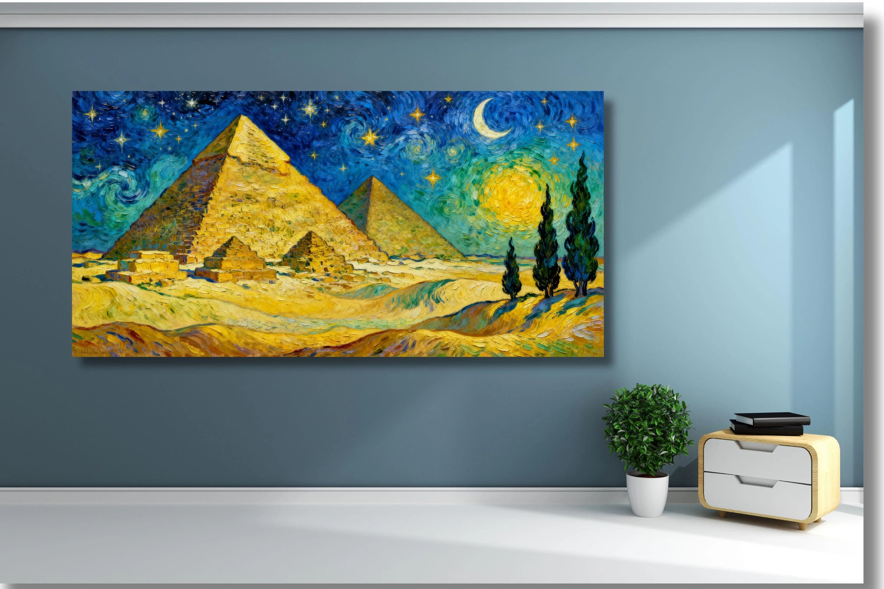 Giza Pyramids Egypt Canvas Print – Starry Night Inspired Style – Desert Night Landscape Wall Art – Travel Home Decor