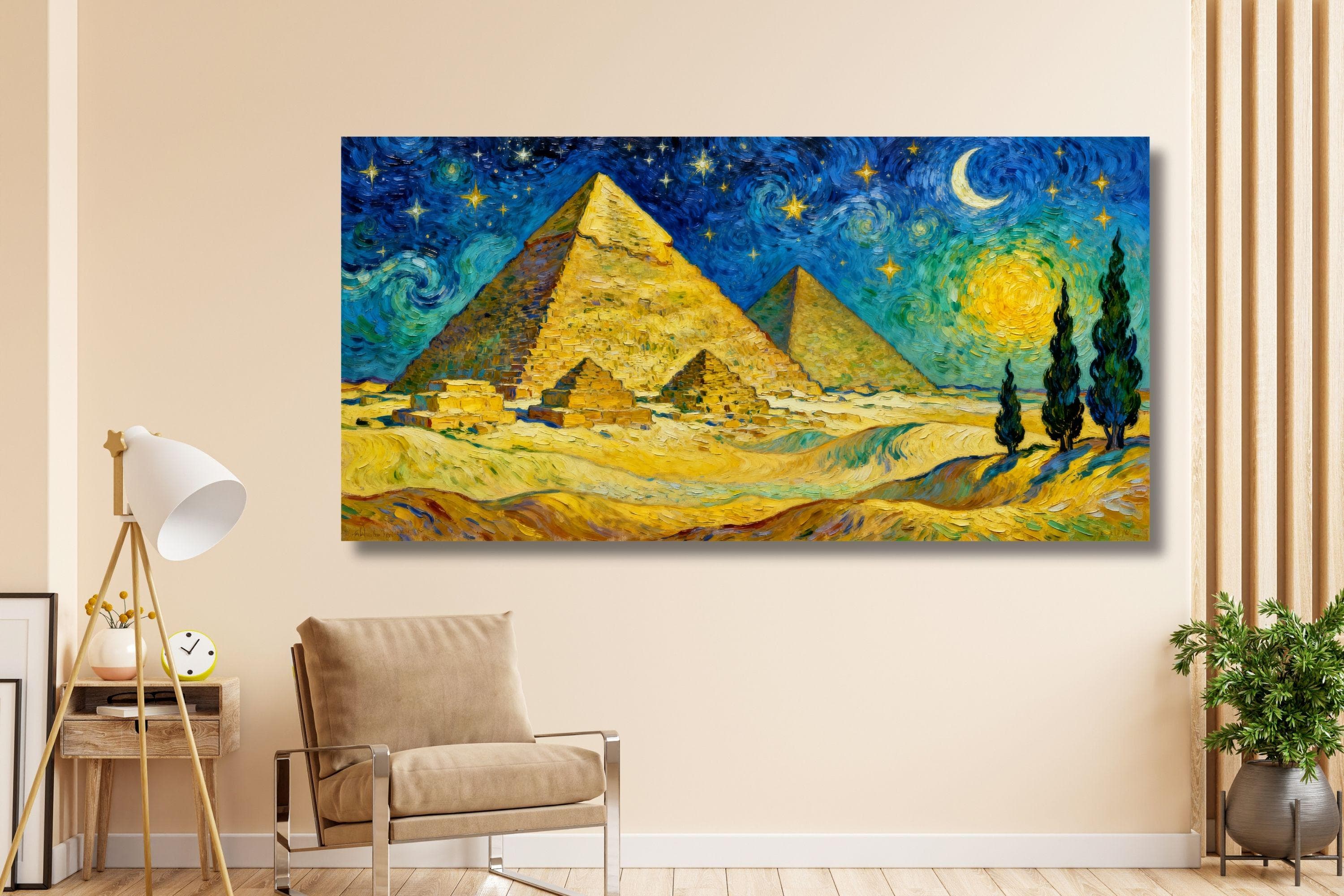 Giza Pyramids Egypt Canvas Print – Starry Night Inspired Style – Desert Night Landscape Wall Art – Travel Home Decor - image 3