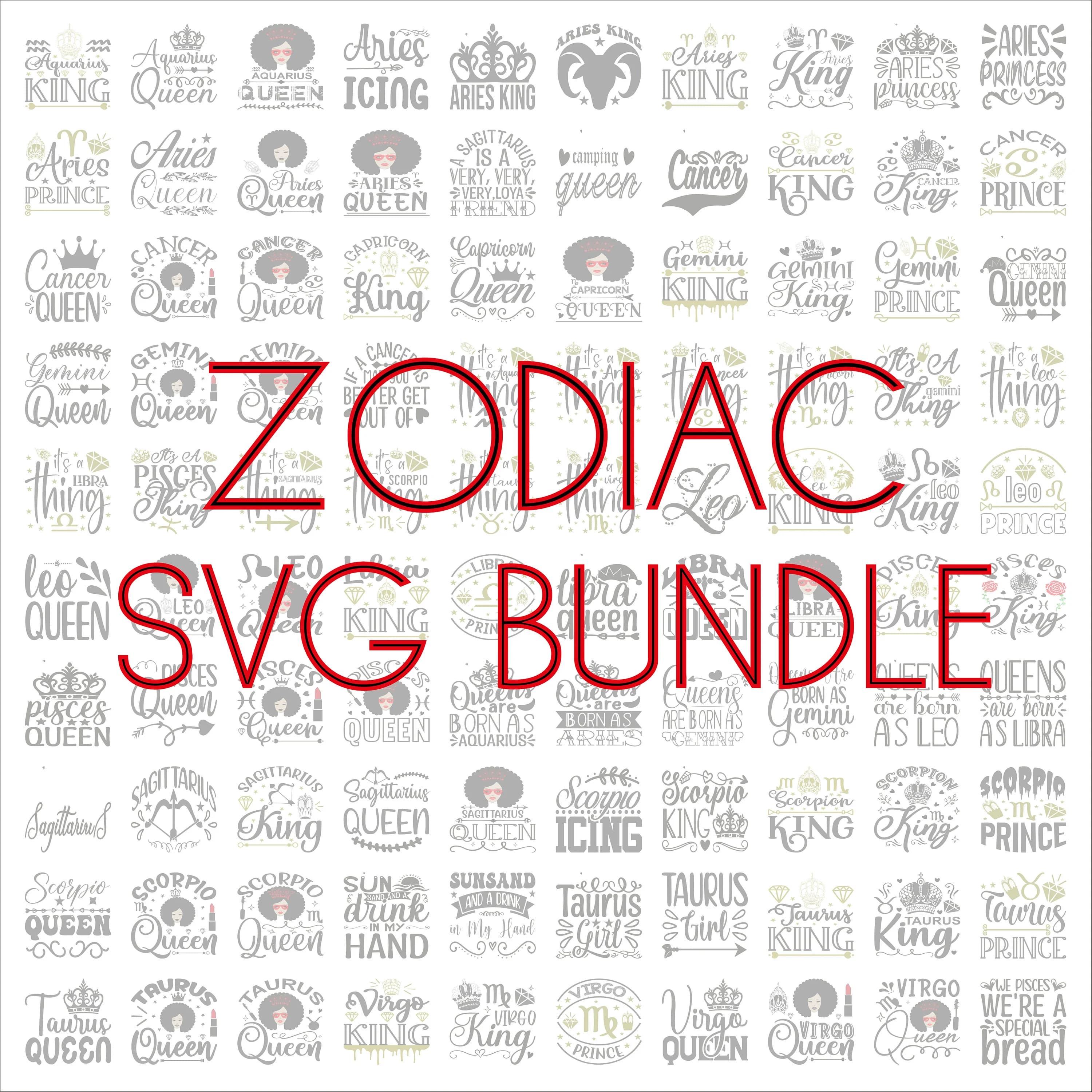 Zodiac Signs SVG Bundle, Cricut cutting files, Digital download, SVG Files for cricut, Zodiac Signs PNG, 100 Zodiac sign graphics, Astrology