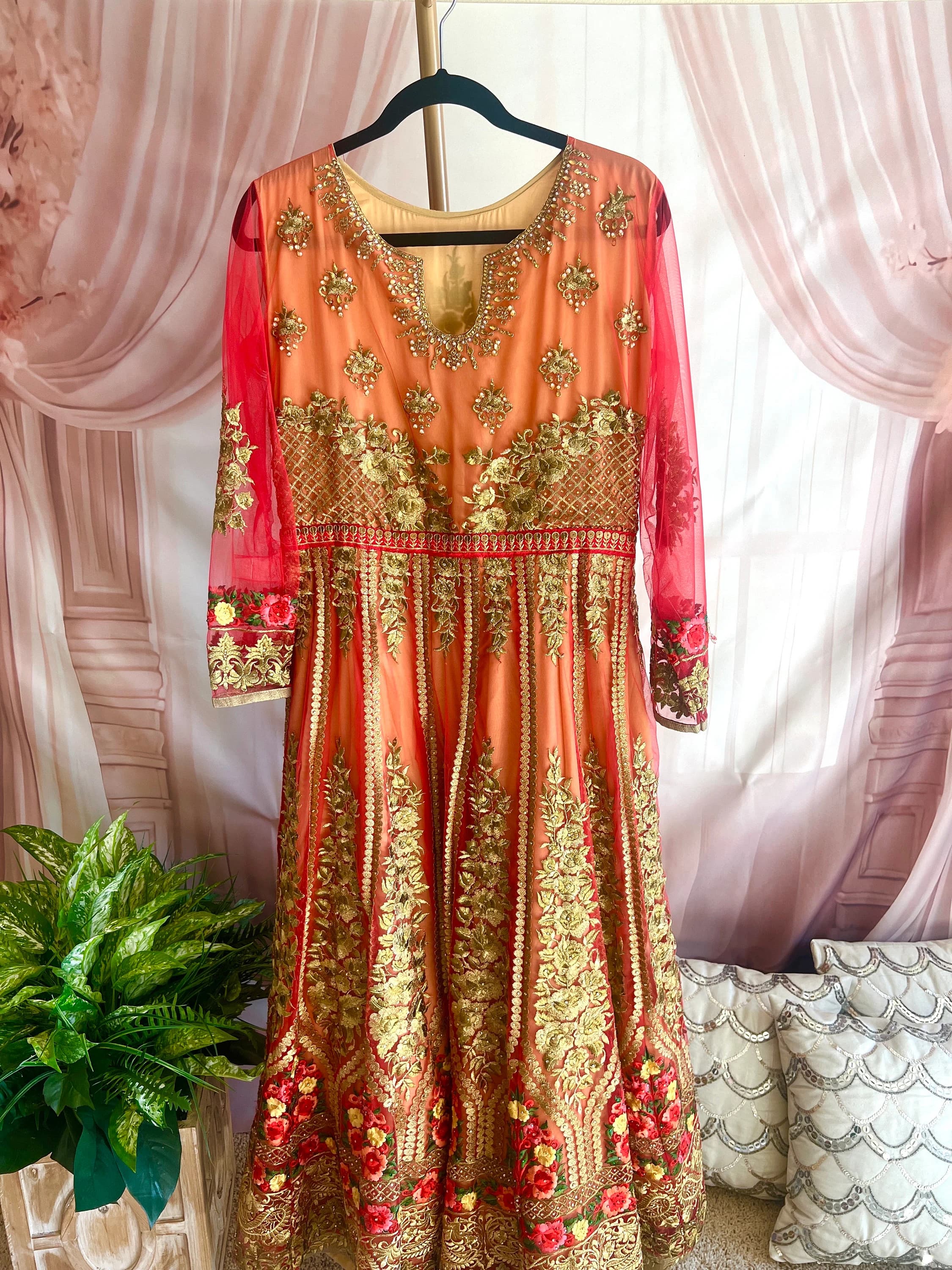 Beautiful Heavy Floral Gold Embroidery ReadyMade Indian Punjabi Pakistani Dress with Gold Trim Dupatta
