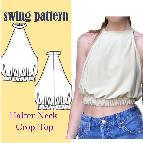 Halter Neck Crop Top | 4 sizes  S-M-L-XL| Crew Neck Tank Top | PDF sewing pattern