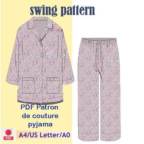 Patron de couture pyjama -Fichier PDF numérique, téléchargement immédiat -pyjama d'été classique d'hiver Taille xs-xl | A4, Lettre US |