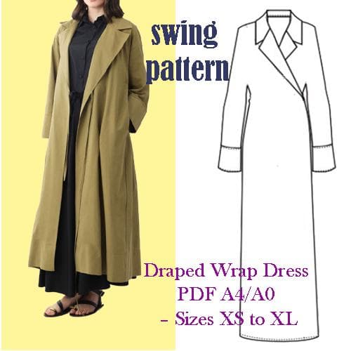 Patron de couture pour robe portefeuille drapée – PDF A4/A0 – Robe oversize à manches longues – Modèle drapé élégant – Tailles XS à L