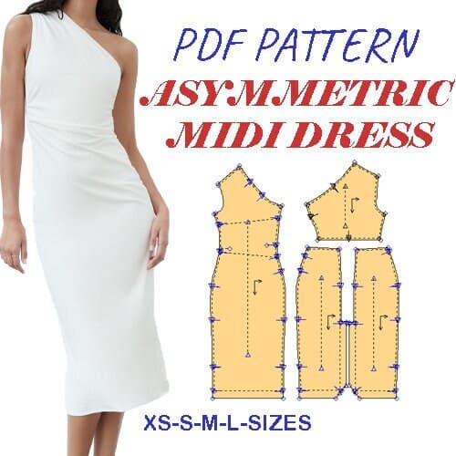 Velvet midi dress with asymmetric neckline pdf sewing pattern/Night Out Pattern/sizes XS-S-M-L