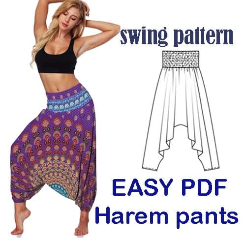PDF swing pattern Peacock Tail smocked Harem Pants for Women, Low Crotch Yoga Clothes Aladdin Boho Loungewear, Gypsy Pants,Jumpsuits,