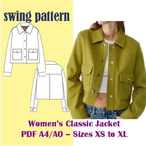 Veste Femme Patron PDF – Tailles XS–XL – Format A4 & A0 – Veste Classique à Poches