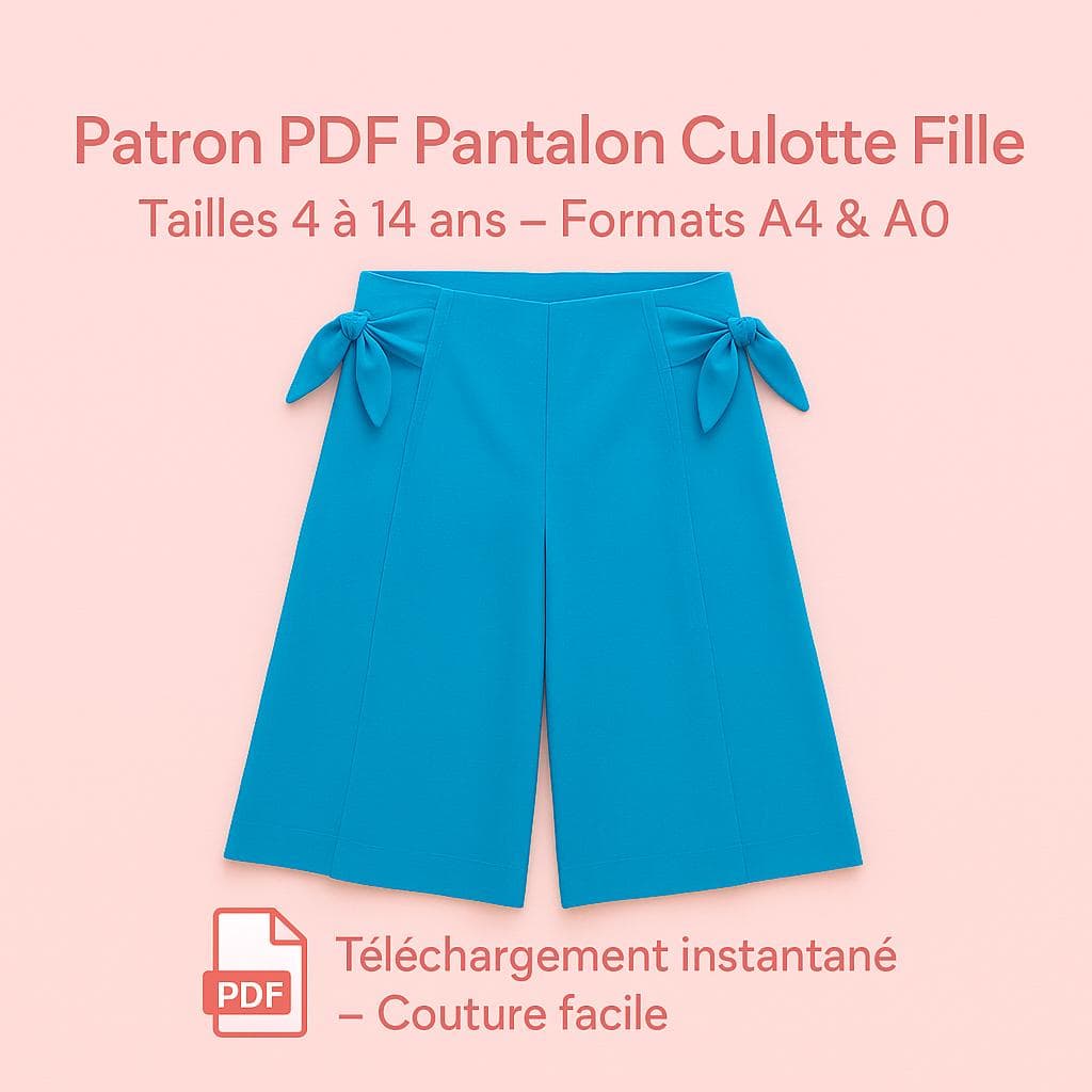 Patron PDF Pantalon Culotte Fille Format A4 & A0 Patron de Couture Téléchargeable- Pantalon Large avec Nœuds (Aucune instruction de couture)