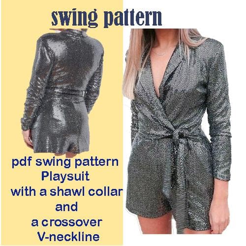 Pdf swing pattern Playsuit with a shawl collar and a crossover V-neckline/sizes xxs- to xxxl /Digital PDF Sewing Pattern /Instant Download