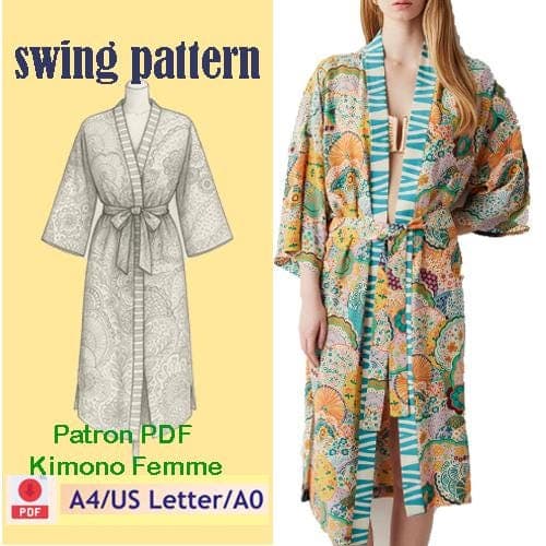 Patron PDF Kimono Femme Débutant – Couture Facile – Taille S-M-L-XL-XXL – Veste Ceinturée – Téléchargement Instantané