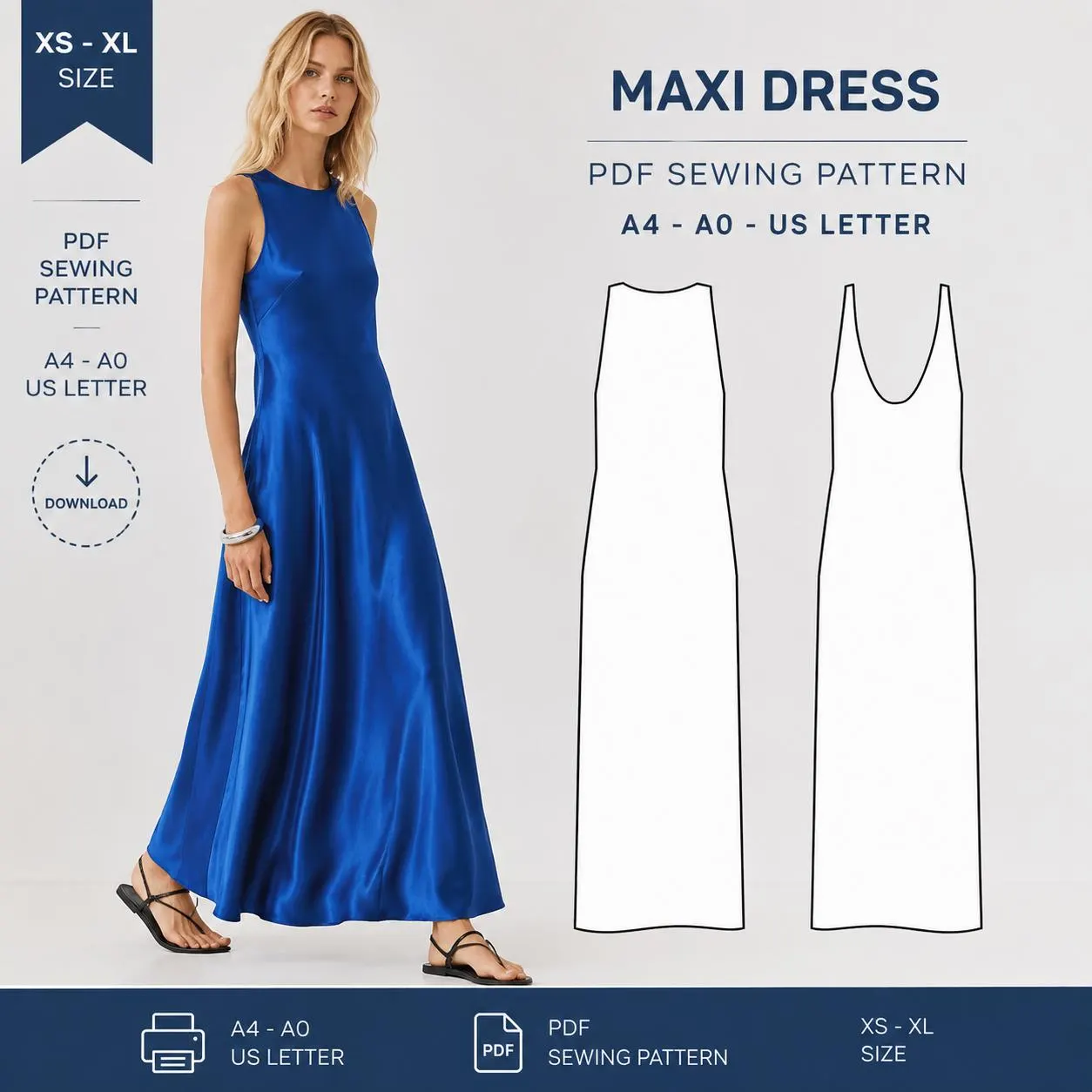 Sophia Blue Satin Maxi Dress Sewing Pattern PDF | Bias Cut Slip Dress Pattern-Elegant Sleeveless Evening-Bias Cut Slip Dress Pattern XS-XL