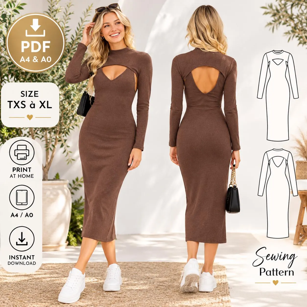 Cutout Midi Dress Sewing Pattern PDF, Bodycon Dress Pattern, Long Sleeve Open Back Dress, A4 A0 Printable Pattern, Sizes XS–XL