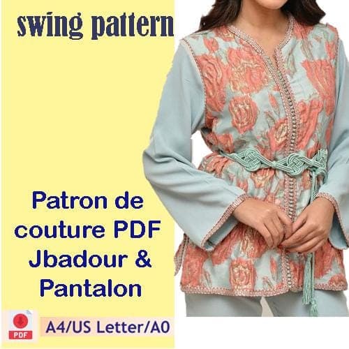 PDF swing pattern jabadour  Marocaines longe sleeve- Muslim dress, clothing for women/Easy Digital pdf 5 Printable Sizes XS-XL-pdf A4
