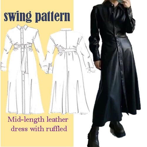 Shirt Collar Dress Sewing Pattern, Everyday Dress, PDF Sewing Patterns/Mid-length leather dress with ruffled sides/SIZES xs---xl